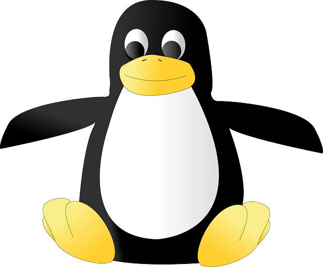 一隻身體黑白相間、黃色喙和腳的卡通企鵝。 — Linux 壁紙