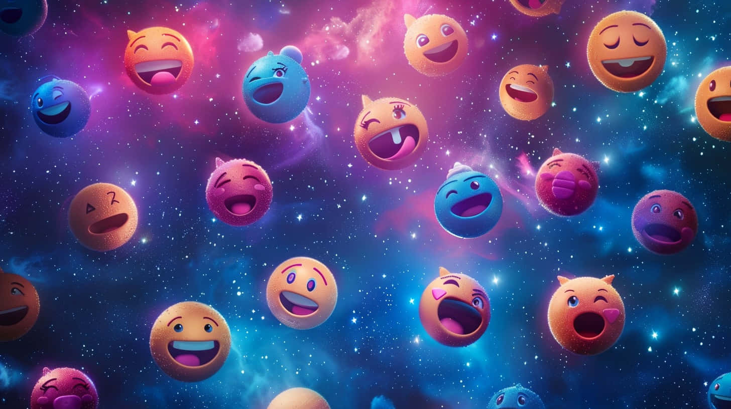  壁紙 — 快樂的表情符號面孔在充滿星星和發光氣體雲的充滿活力的宇宙星雲中頑皮地漂浮。