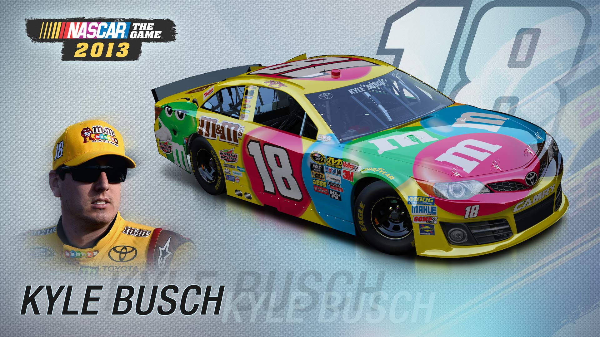 運動 桌布 壁紙 — Kyle Busch 在他色彩繽紛的 M&M's 主題 NASCAR 賽車 18 號，來自 2013 年遊戲宣傳藝術。