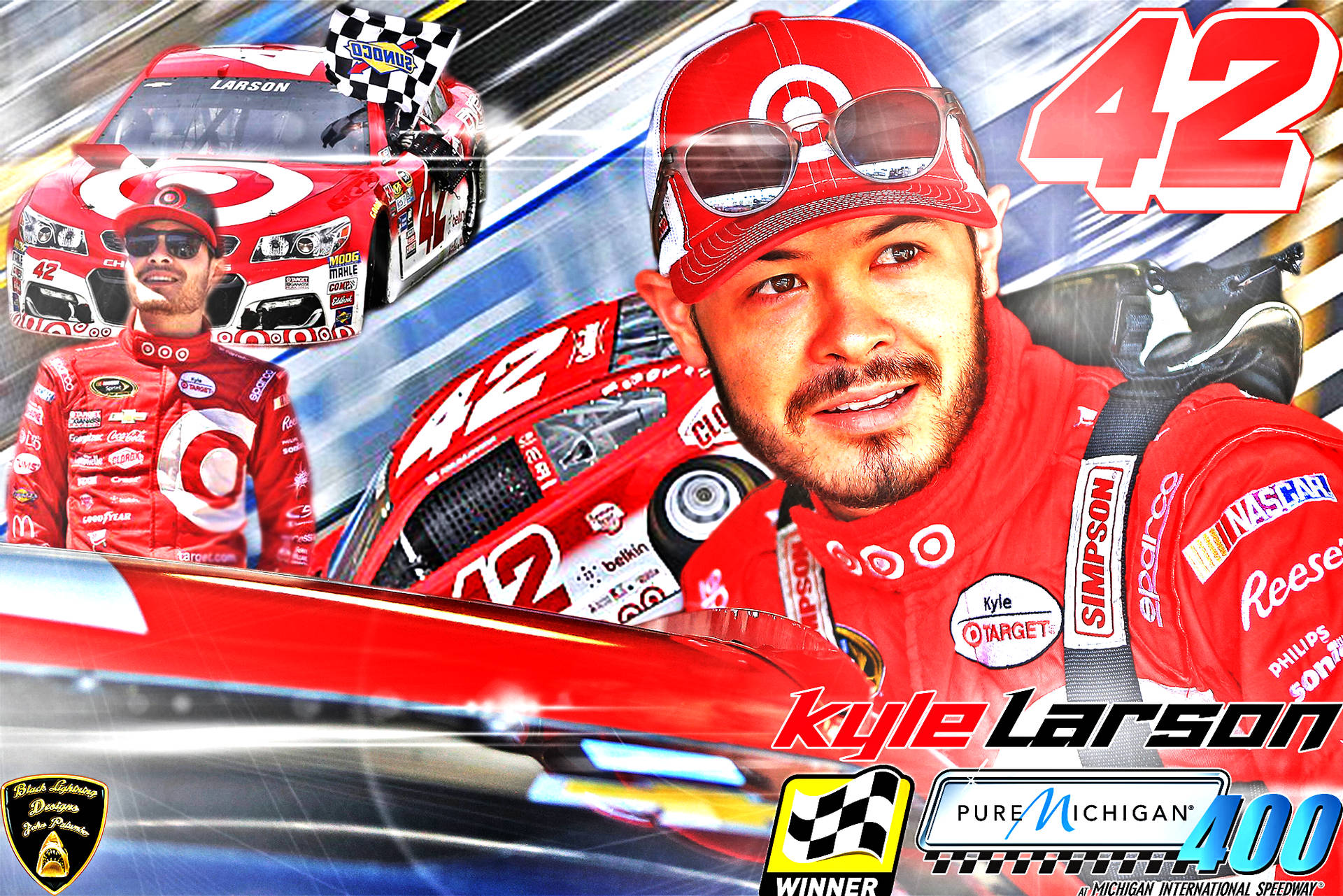 Kyle Larson 身穿紅色賽車服和賽車，手持方格旗慶祝 NASCAR 賽事勝利。 — Jordan clarkson 壁紙