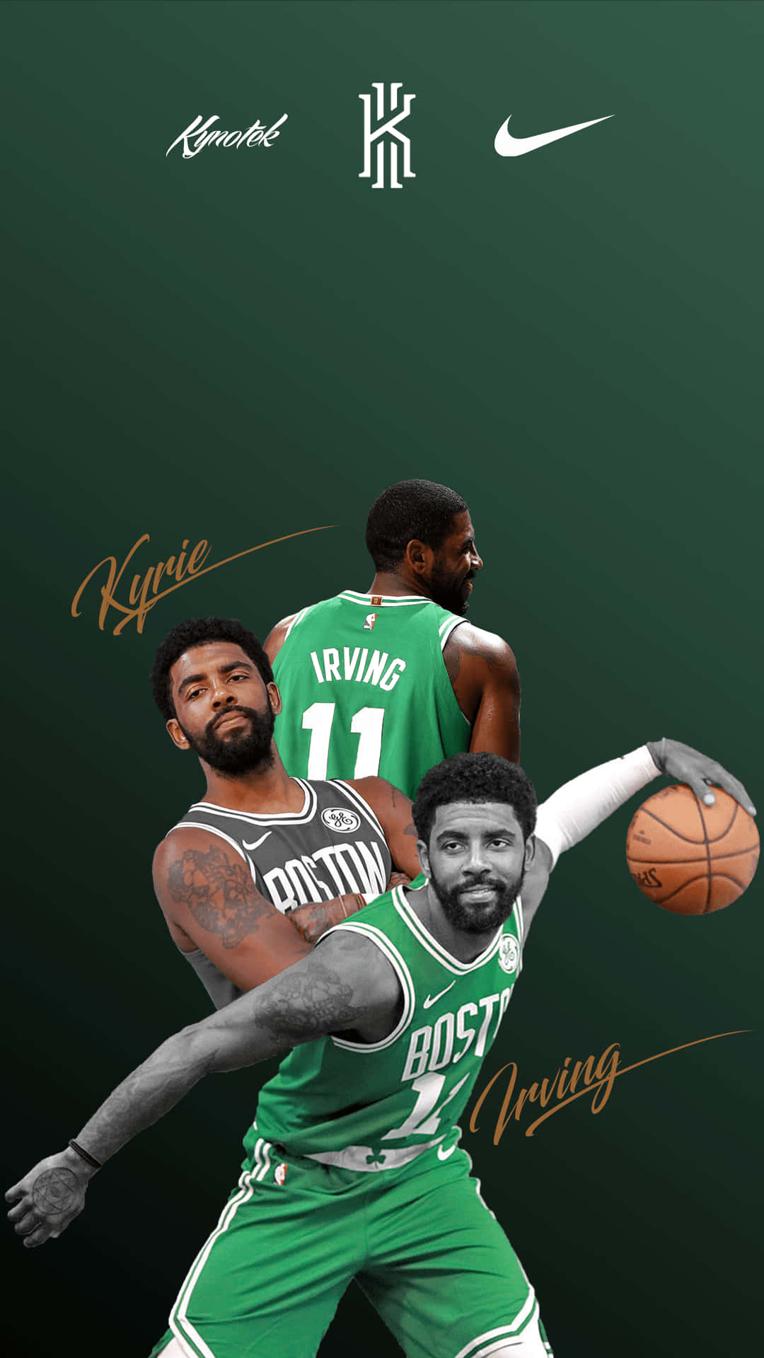 桌布 壁紙 — Kyrie Irving 以動感籃球姿勢穿著綠色波士頓塞爾提克球衣，背景為深綠色漸變，帶有Nike和Kymotek標誌。