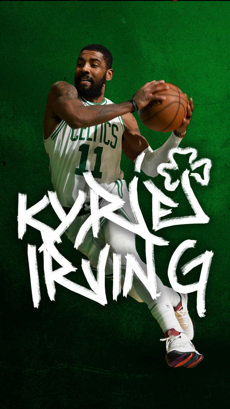 Celtics 桌布 壁紙 — Kyrie Irving 身穿Celtics球衣，在紋理綠色背景上運球，並帶有粗體白色塗鴉風格名稱覆蓋。