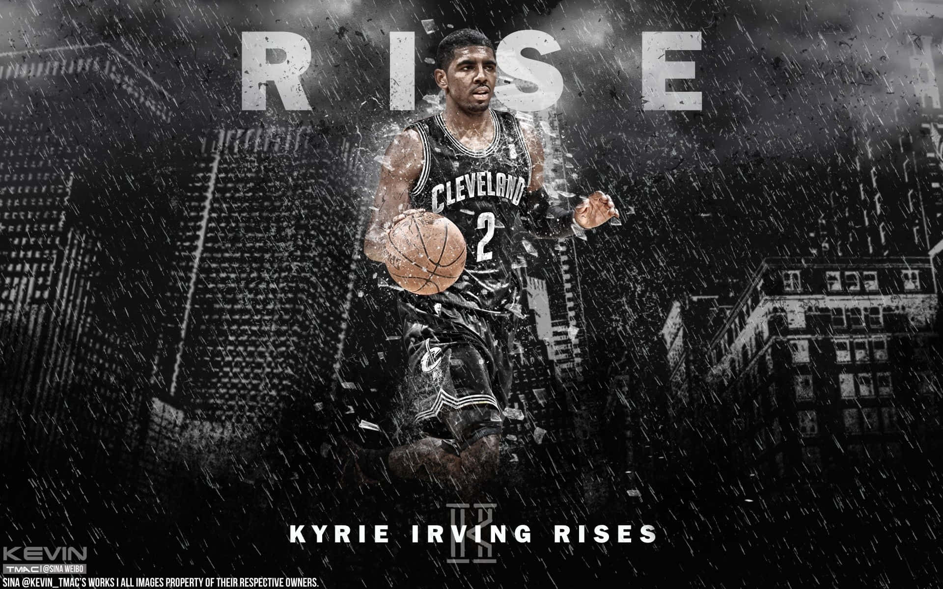 Kyrie Irving Cool 桌布 壁紙 — Kyrie Irving 身穿克里夫蘭騎士隊球衣，在暴雨中運球，背景是粗糙的城市天際線，RISE 字樣主導整個場景。