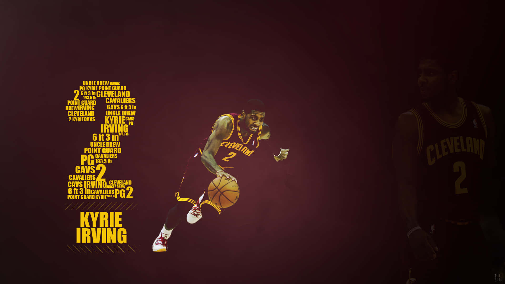 Numbers 桌布 壁紙 — Kyrie Irving 身穿克里夫蘭騎士隊球衣，在深栗色背景前運球，文字藝術形成他的剪影。