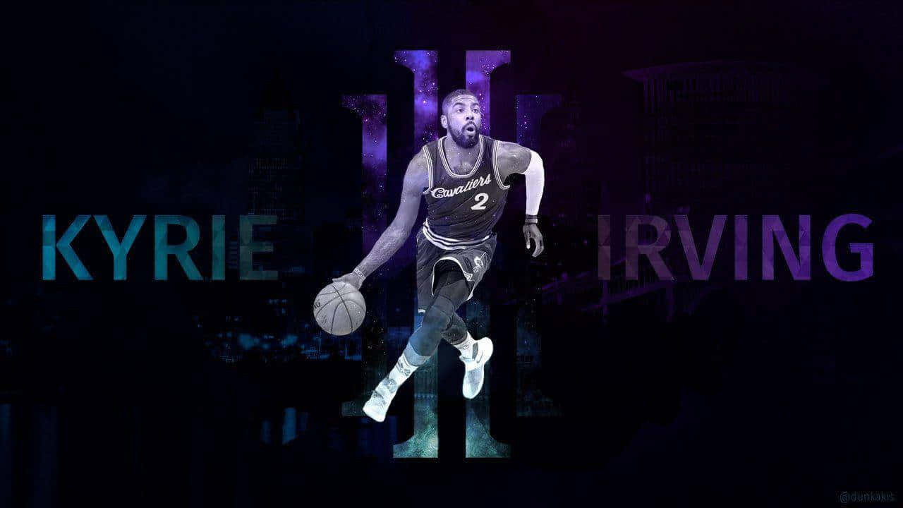 Kyrie Irving Cool 桌布 壁紙 — Kyrie Irving 身穿克里夫蘭騎士隊球衣，在黑暗的城市景觀中運球，背景有發光的紫色和藍色文字。