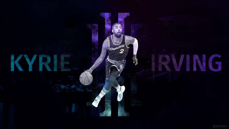 Kyrie Irving Cool 桌布 壁紙 — Kyrie Irving 身穿克里夫蘭騎士隊球衣，在黑暗城市景觀背景下，空中運球，並帶有發光的紫色和藍色文字。