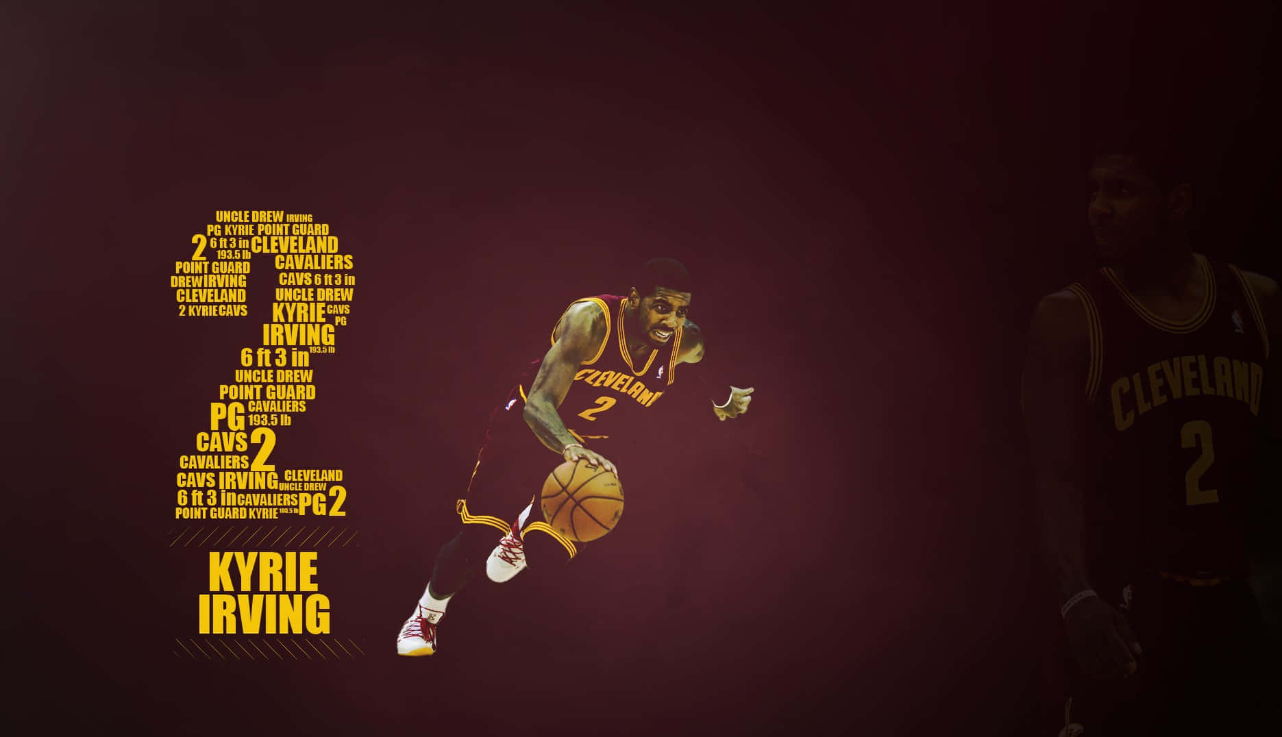 2 桌布 壁紙 — Kyrie Irving 身穿克里夫蘭騎士隊球衣，在深栗色背景上運球，並帶有文字藝術。