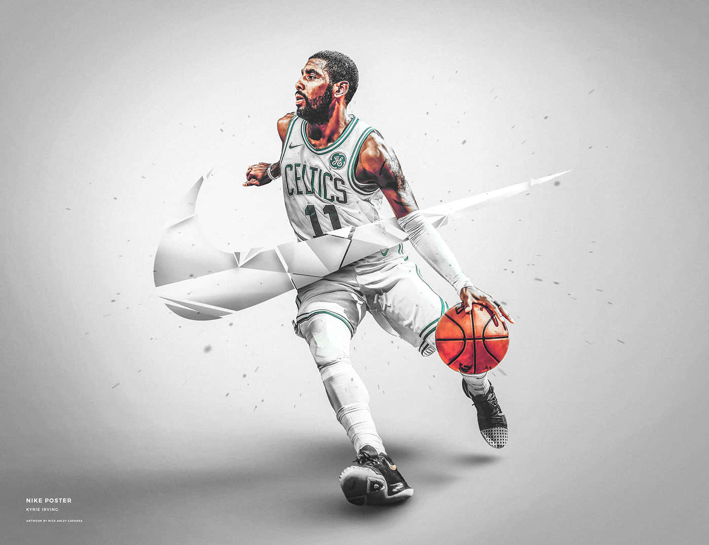 Nike 節奏籃球 桌布 壁紙 — Kyrie Irving 身穿塞爾提克球衣，以動態動作運球，背後有Nike swoosh爆炸效果。