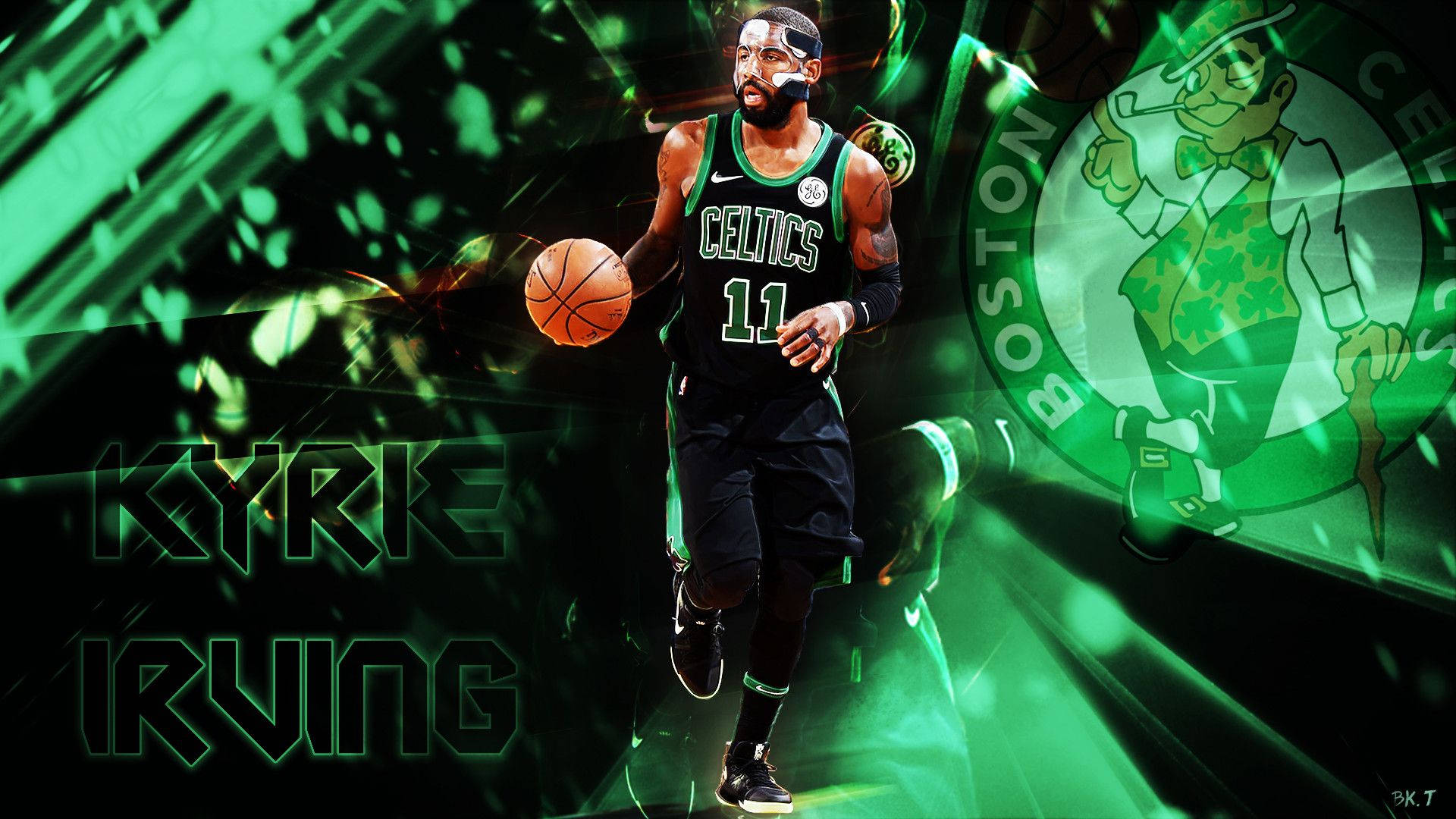 Celtics 桌布 壁紙 — Kyrie Irving 身穿塞爾提克球衣，在充滿活力的綠色抽象背景前運球，背景有球隊標誌和發光文字。