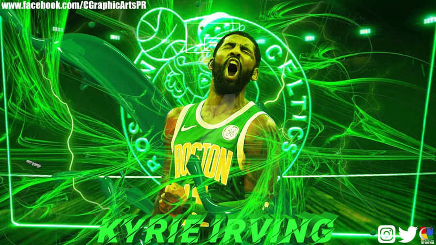 Kyrie Irving Cool 桌布 壁紙 — Kyrie Irving 身穿波士頓塞爾提克球衣，在螢光綠色能量線和發光球隊標誌中咆哮。