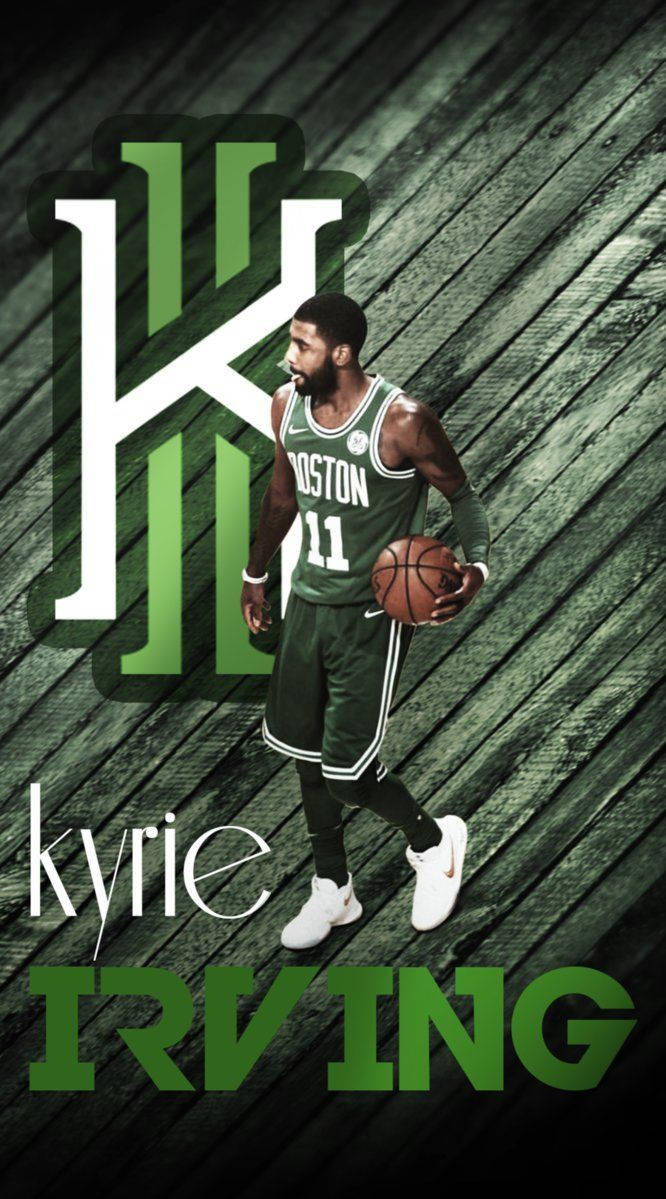 Kyrie 桌布 壁紙 — Kyrie Irving 身穿綠色波士頓塞爾提克球衣，在紋理木地板背景下運球，背景有大型風格化 'K' 和他的名字。