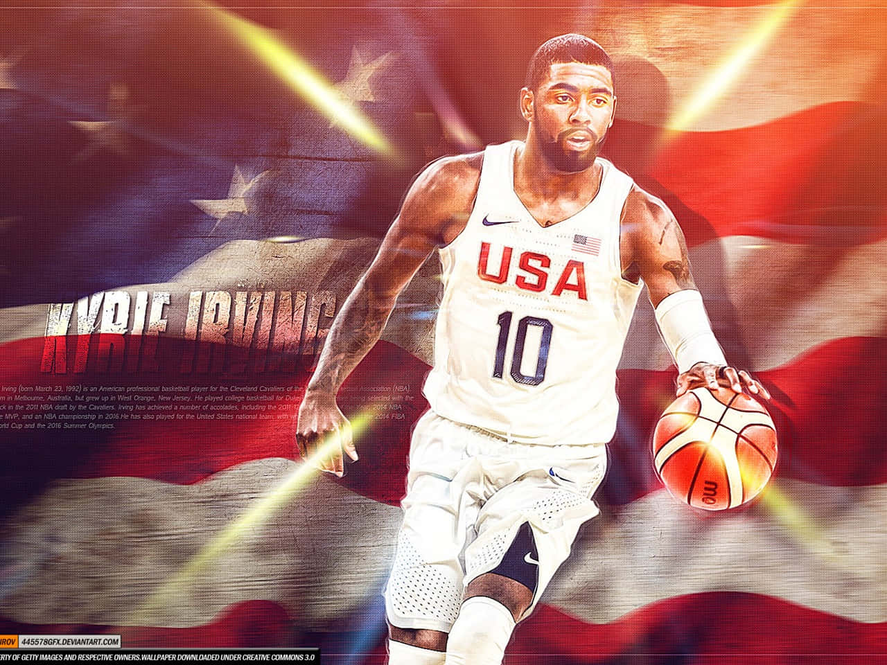 Kyrie Irving Cool 桌布 壁紙 — Kyrie Irving 身穿美國隊球衣，在動感的美國國旗背景下運球，伴隨著發光的光線條紋。