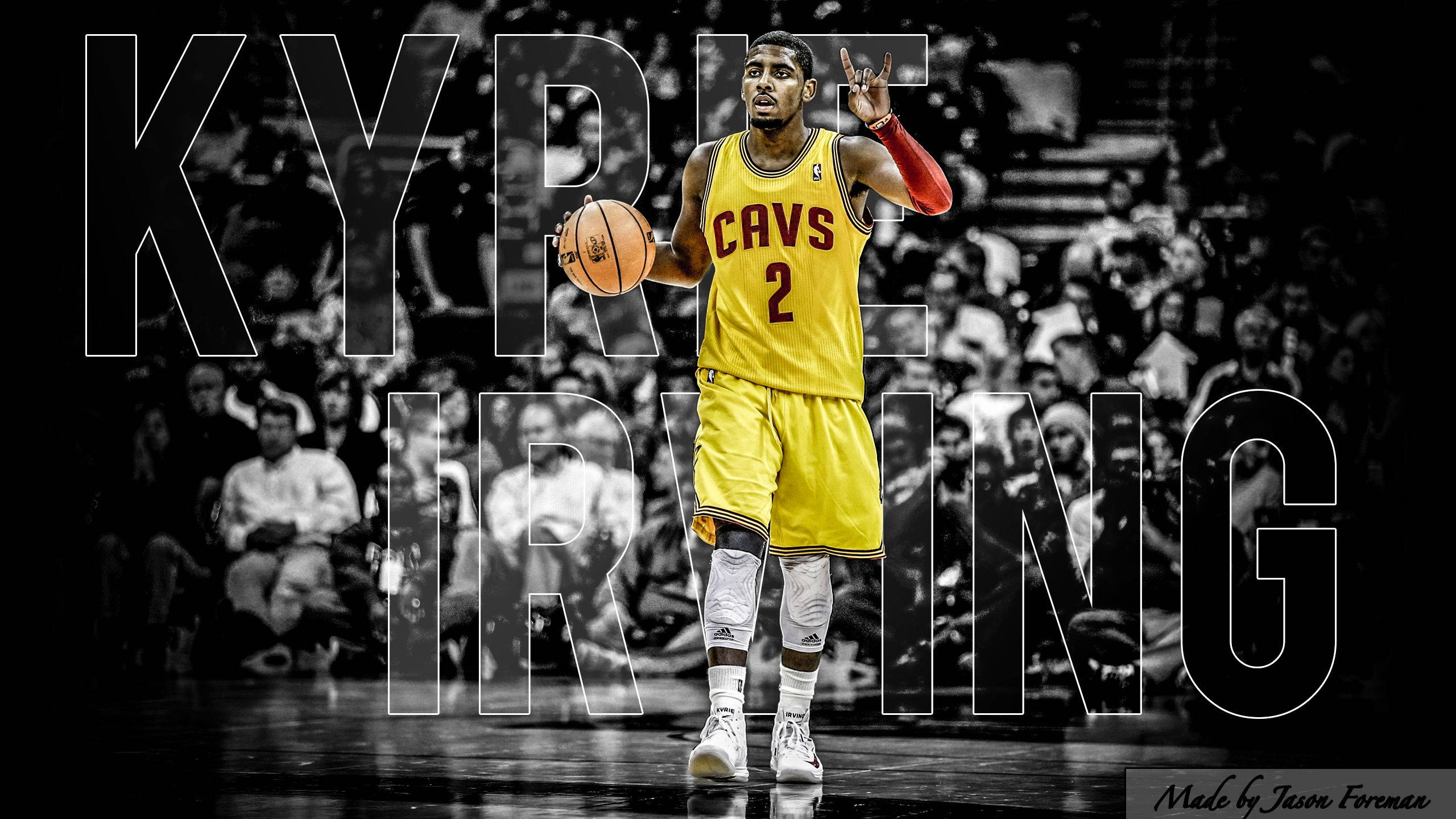 Kyrie 桌布 壁紙 — Kyrie Irving 身穿黃色騎士隊球衣，在粗體文字覆蓋下運球，身後有群眾。
