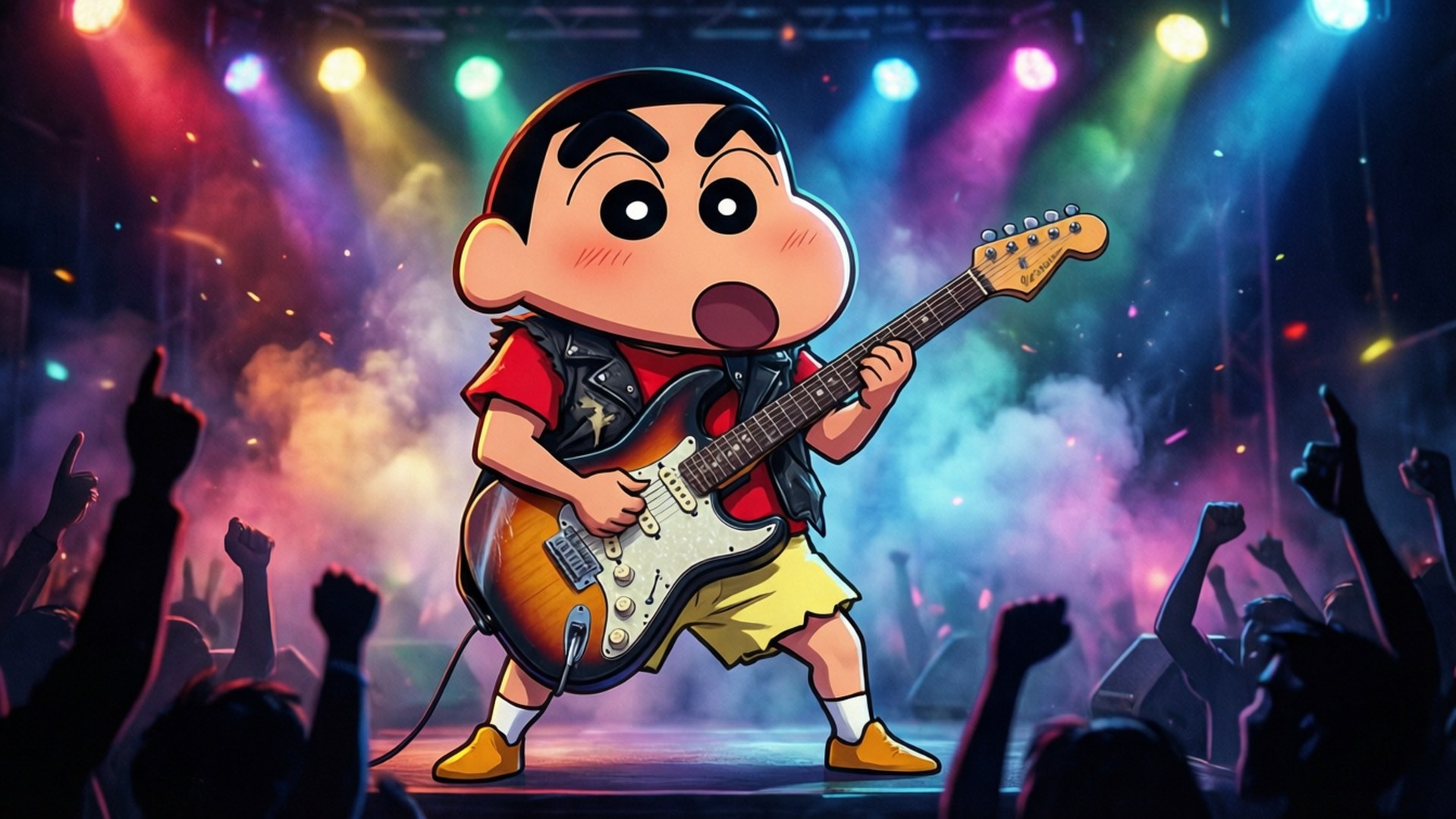 Shin Chan Rock Star 壁紙 — 蠟筆小新在色彩繽紛的聚光燈下，在充滿活力的舞台上彈奏電吉他，觀眾剪影在歡呼。