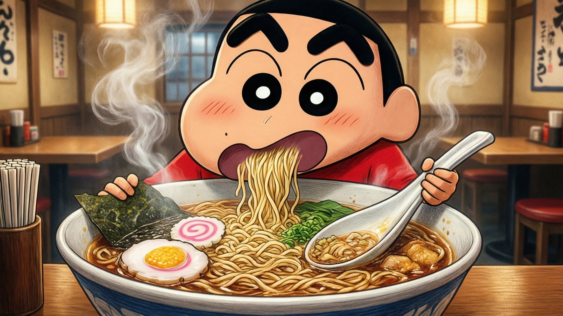 Shin Chan Ramen Lover 壁紙 — 蠟筆小新在一間傳統日本拉麵店，木製內飾和溫暖燈光下，急切地吸食著熱騰騰的拉麵。
