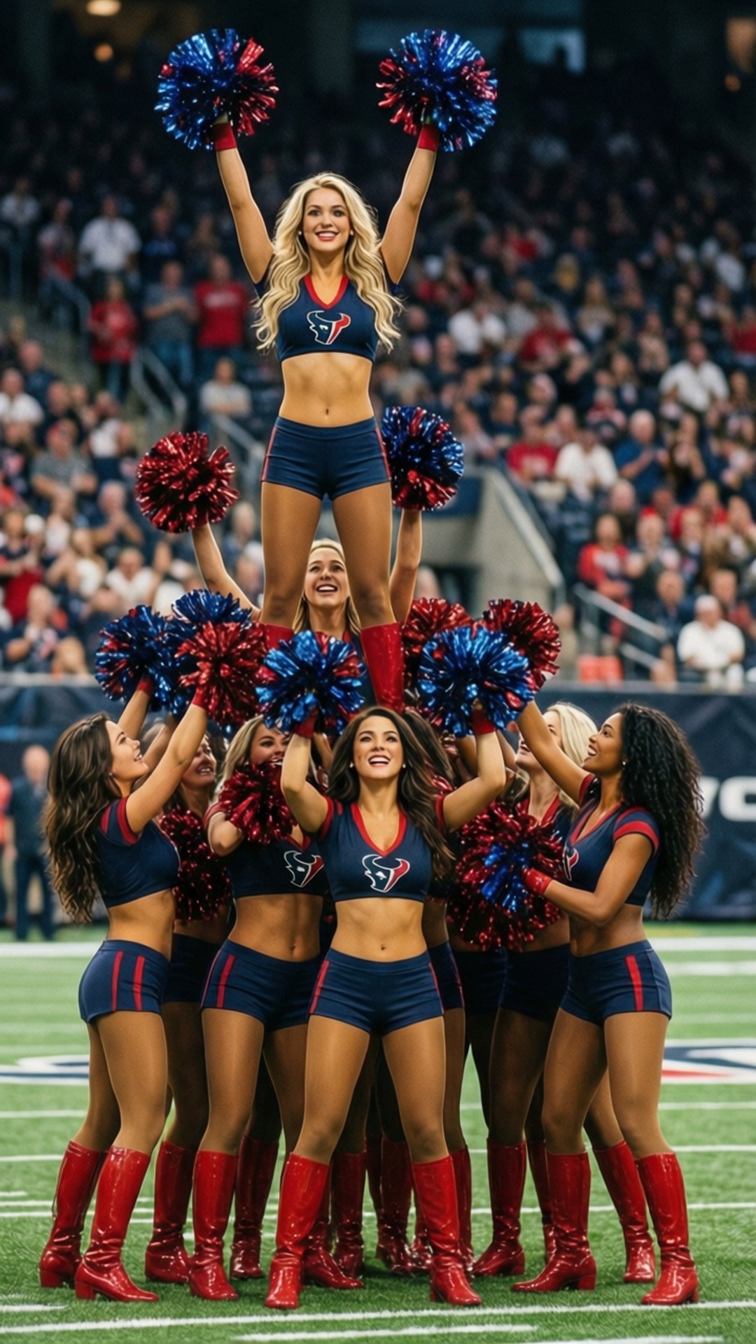 Cheerleader Spirit 壁紙 — 一名身穿藍紅制服的啦啦隊員站在隊友組成的金字塔頂，在球場上拿著彩球。