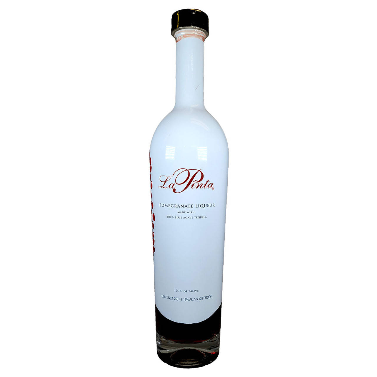 bottle 桌布 壁紙 — La Pinta 石榴利口酒的時尚白色瓶子，帶有紅色手寫標籤和黑色蓋子，立在潔淨的白色背景前。