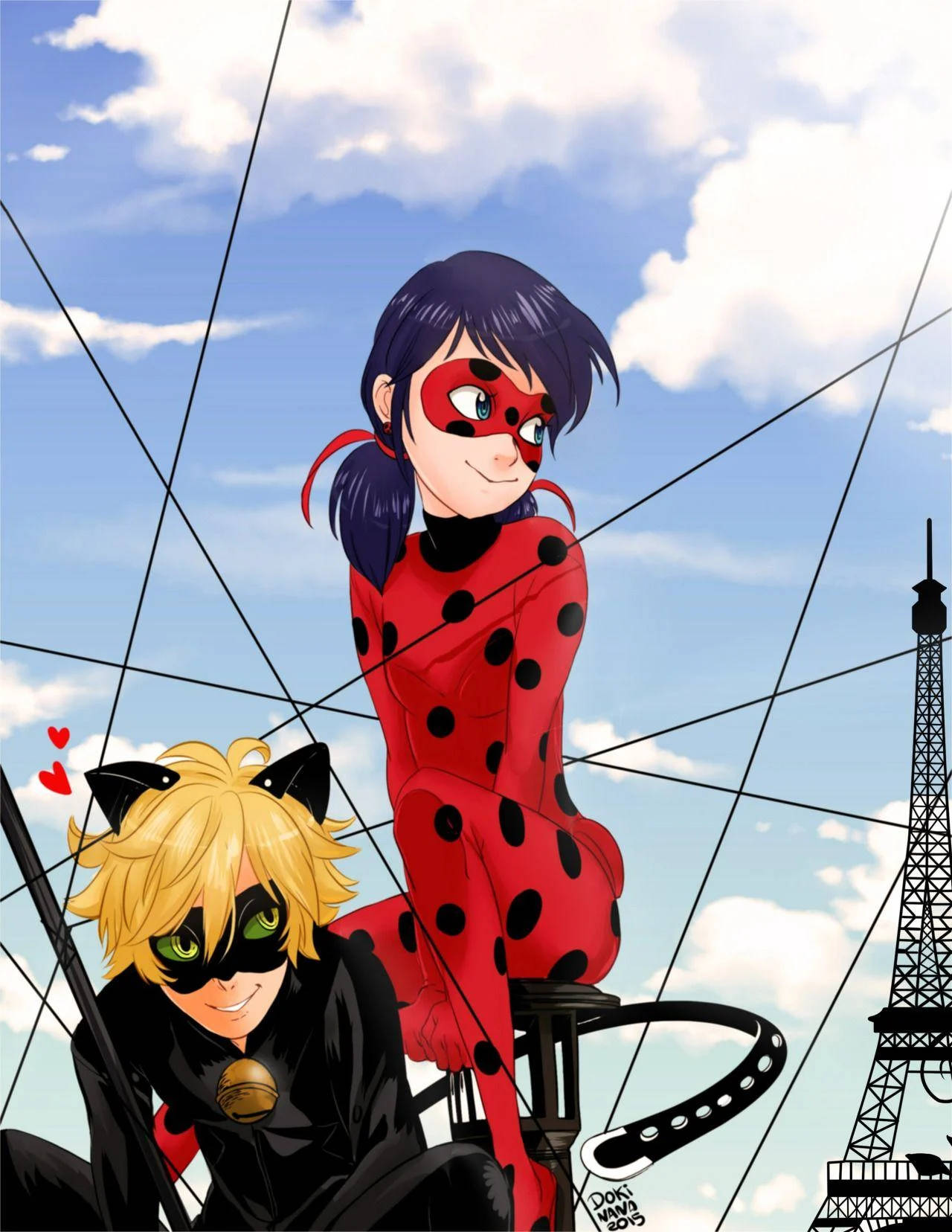Ladybug 和 Cat Noir 在熱氣球上，背景有艾菲爾鐵塔。