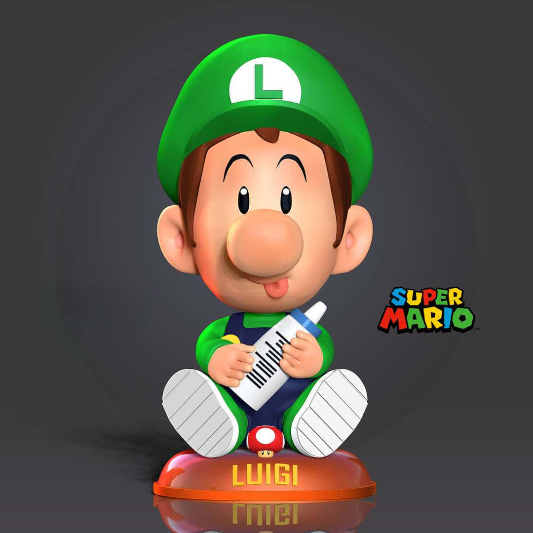 Baby Luigi 桌布 壁紙 — 來自《超級瑪利歐》的嬰兒路易吉以3D渲染，坐在帶有他名字的紅色底座上，手持奶瓶。