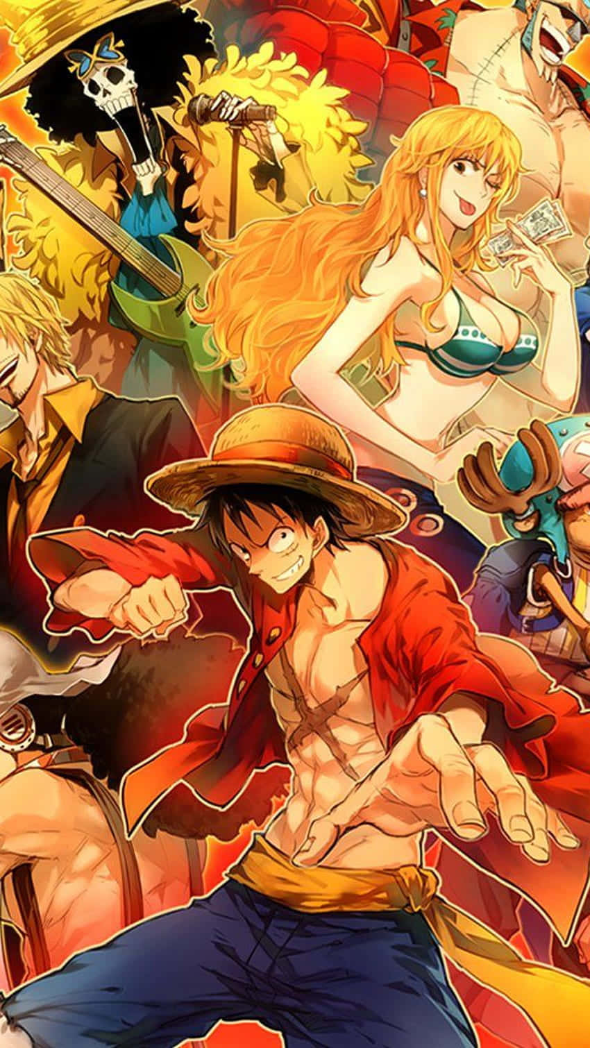 來自《One Piece》的動漫團隊以鮮豔色彩擺出大膽的動作姿勢。 — 5K 壁紙