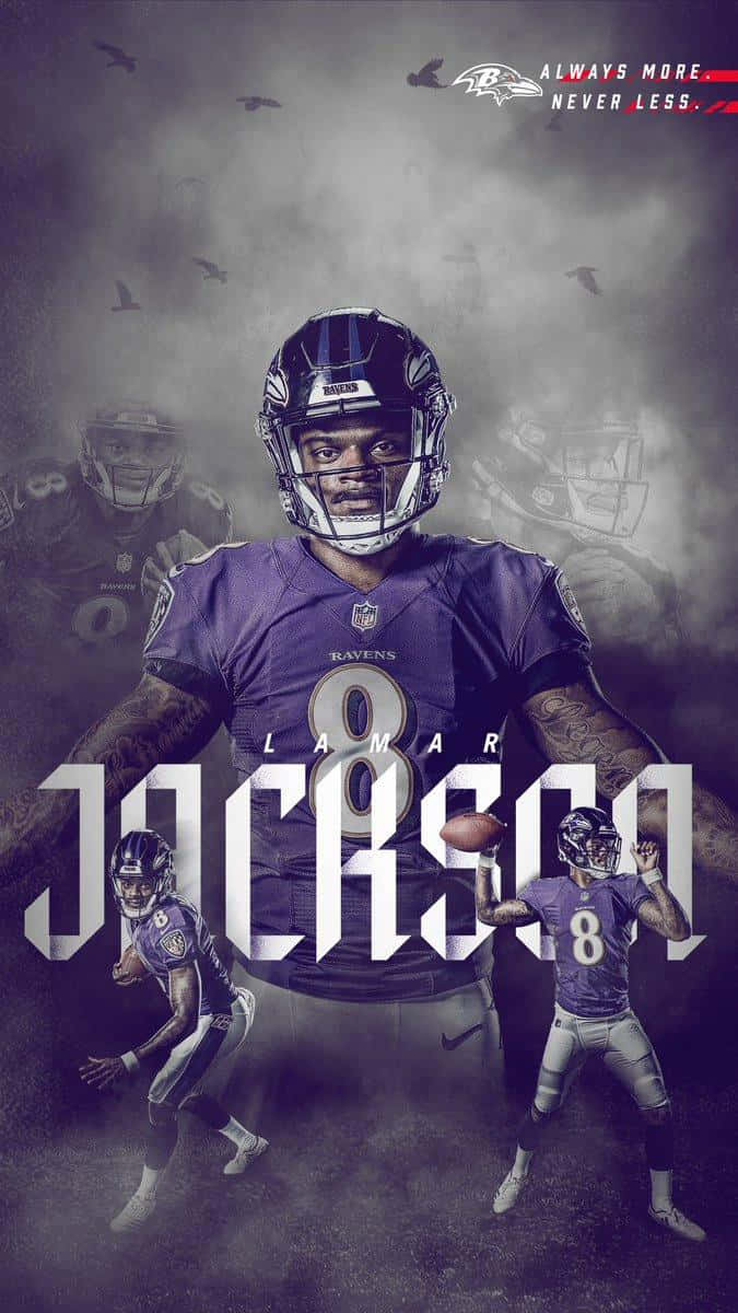 Lamar Jackson 身穿烏鴉隊制服，帶有幽靈般的動作姿勢和鳥兒在煙霧背景中飛翔。 — 巴爾的摩烏鴉隊 GIF 壁紙