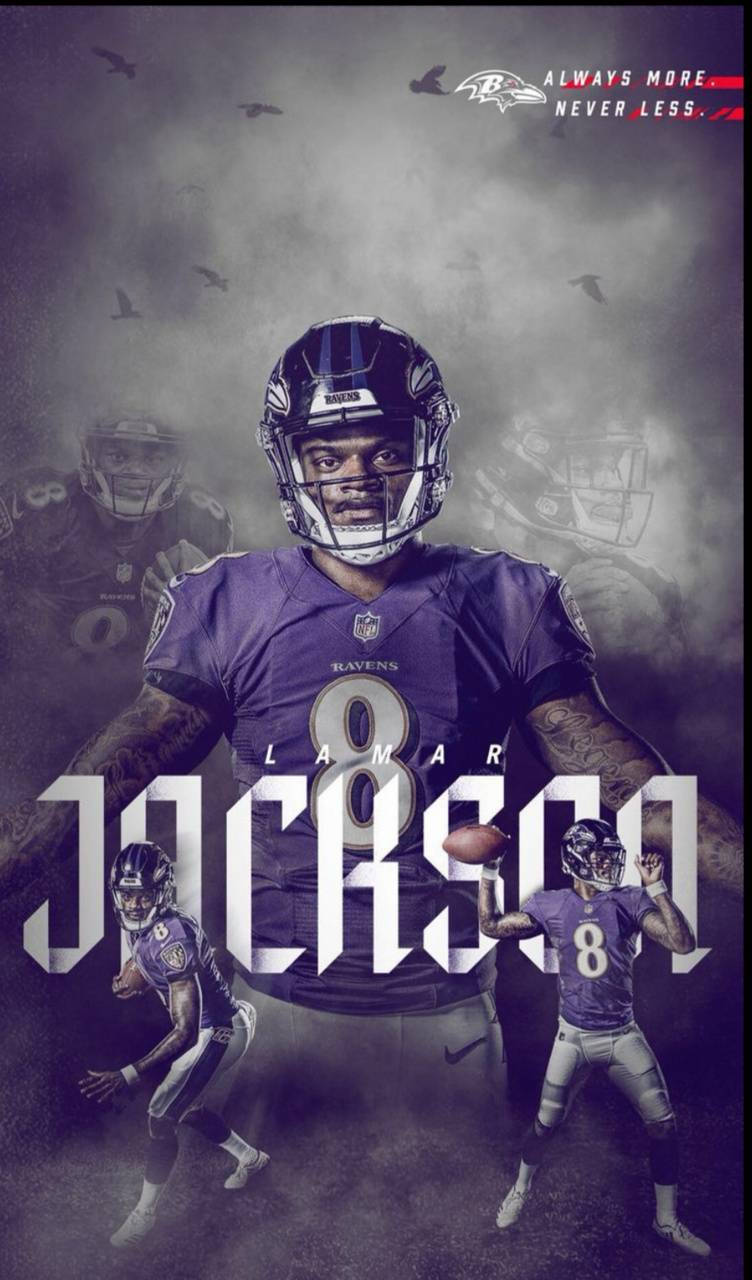 拉馬爾·傑克森 桌布 壁紙 — Lamar Jackson 身穿烏鴉隊裝備的多個動作姿勢的戲劇性肖像，背景為煙霧灰色和飛鳥。