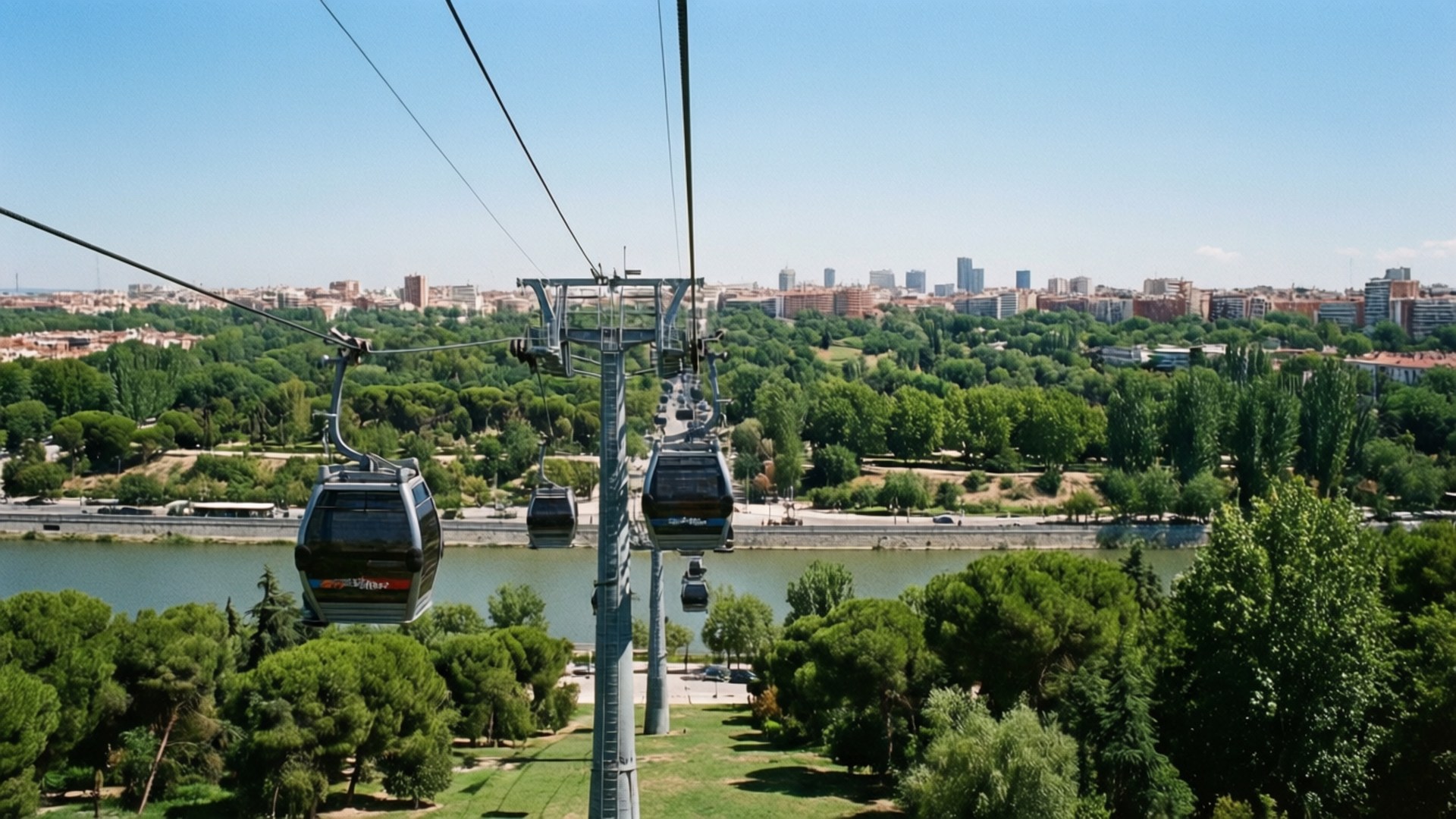 Teleférico Madrid View 壁紙 — 纜車在兩旁綠樹成蔭的河流上空滑行，城市天際線在清澈的藍天下延伸。