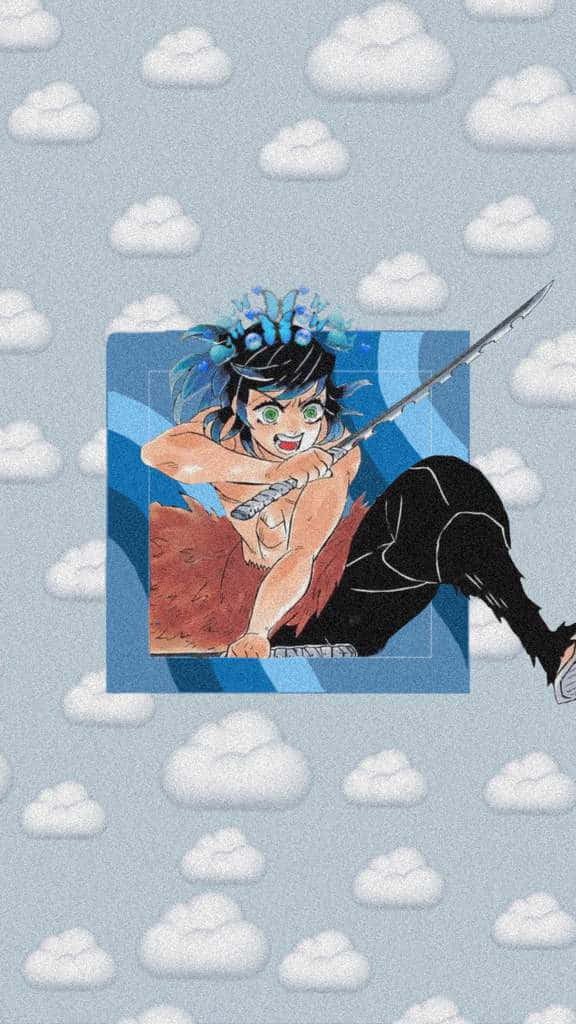  壁紙 — 藍髮持劍的動漫角色自信地坐在滿是蓬鬆白雲的天空中。