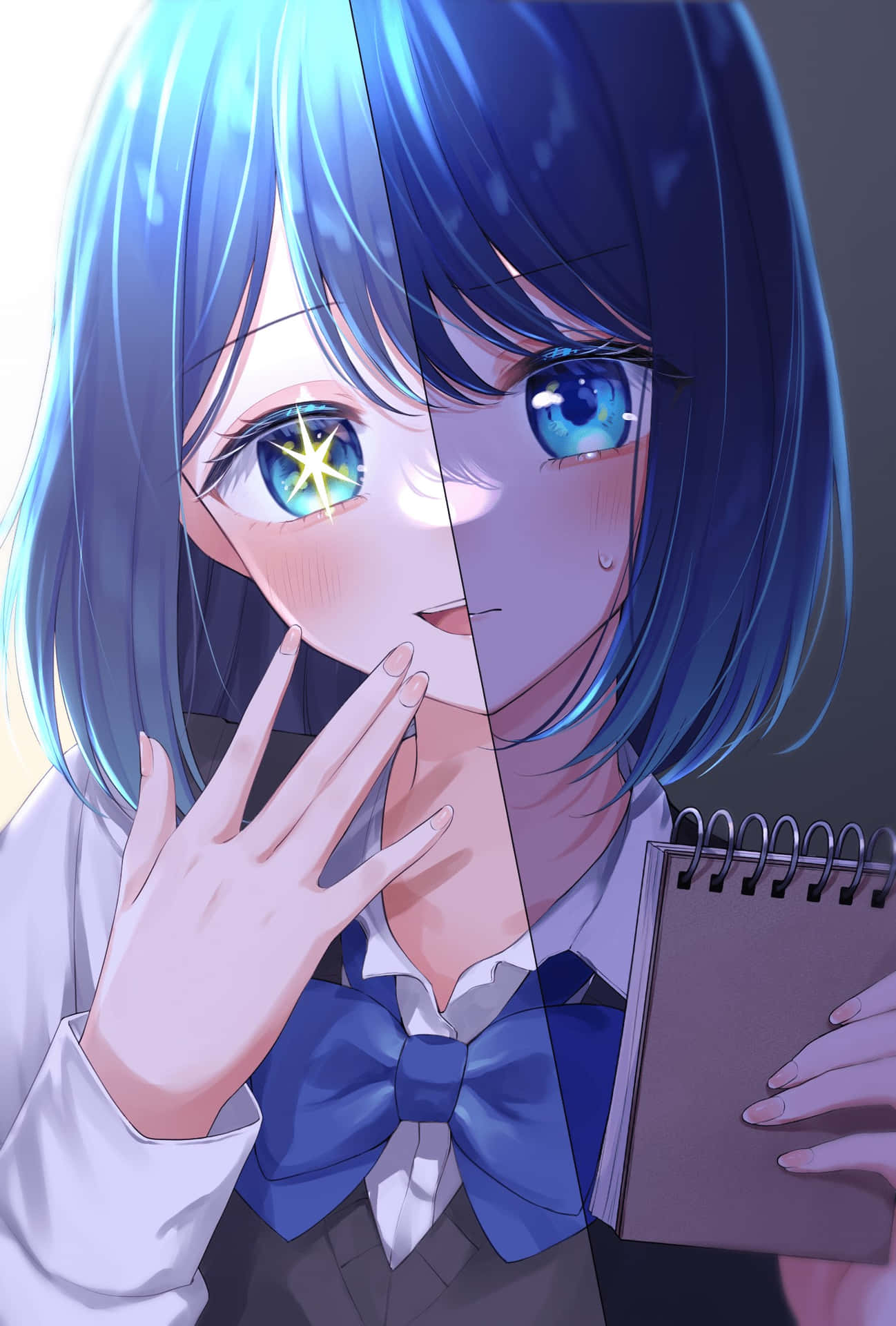  壁紙 — 一位藍髮動漫女孩穿著校服，拿著筆記本，她的臉被一隻眼睛中的發光星星分割。