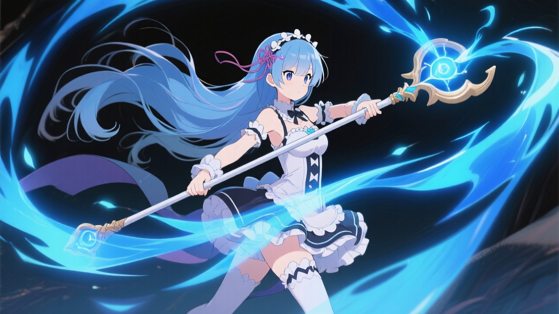 Emilia's Magic 壁紙 — 藍髮動漫女孩穿著女僕裝，在黑暗背景中揮舞著發光的藍色法杖，周圍環繞著旋轉的魔法能量。