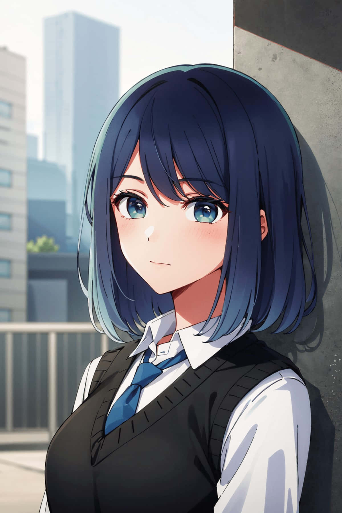  壁紙 — 藍髮動漫女孩穿著校服，靠在混凝土牆上，背景是城市天際線。