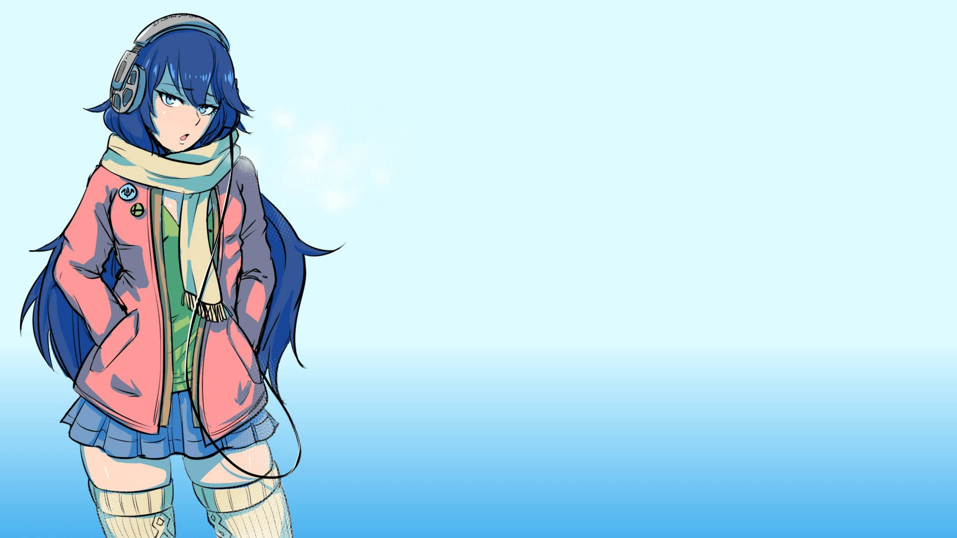 藍髮動漫女孩戴著耳機和粉紅色外套，背景為藍色漸變。 — Fire Emblem Warriors 壁紙