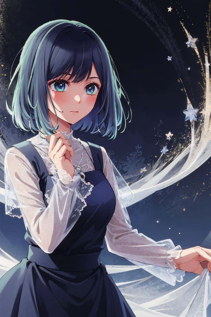  壁紙 — 一位藍髮動漫女孩穿著深色連衣裙，站在旋轉的星空夜空前，身後有發光的星星拖尾。