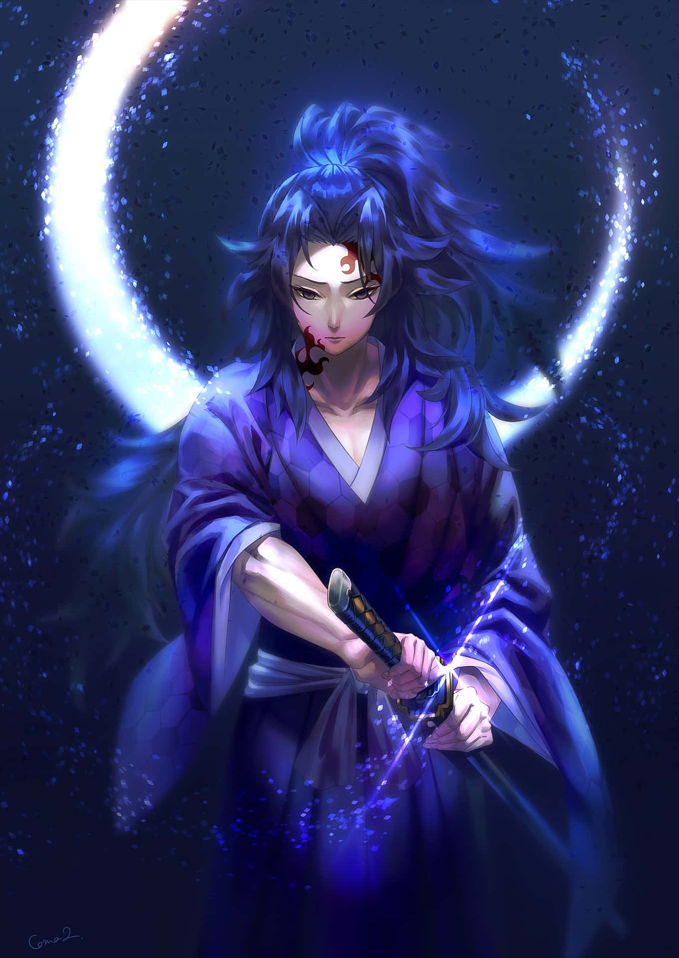  壁紙 — 一位藍髮動漫戰士穿著紫色長袍，在星空夜空中的新月下握著一把發光的劍。