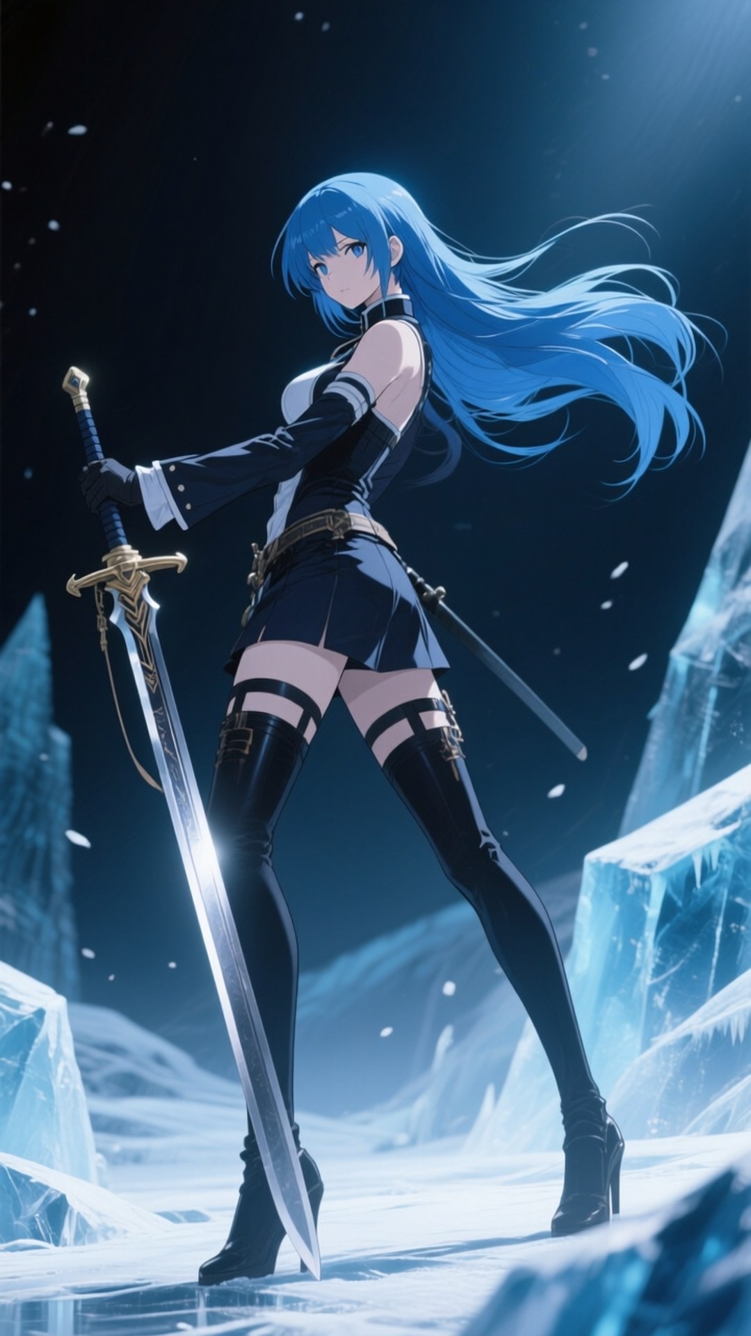Ice Queen's Rapier 壁紙 — 一位藍髮動漫戰士在星空下，手持閃閃發光的劍，矗立在高聳的冰晶之中。