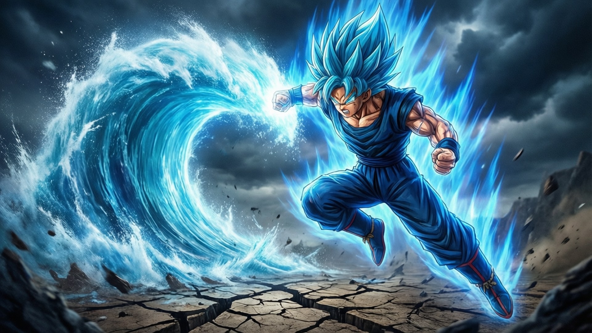 Super Saiyan Blue Kamehameha 壁紙 — 一位藍髮戰士身穿藍色道服，在空中躍起，向暴風雨的天空釋放出巨大的螺旋藍色能量波。