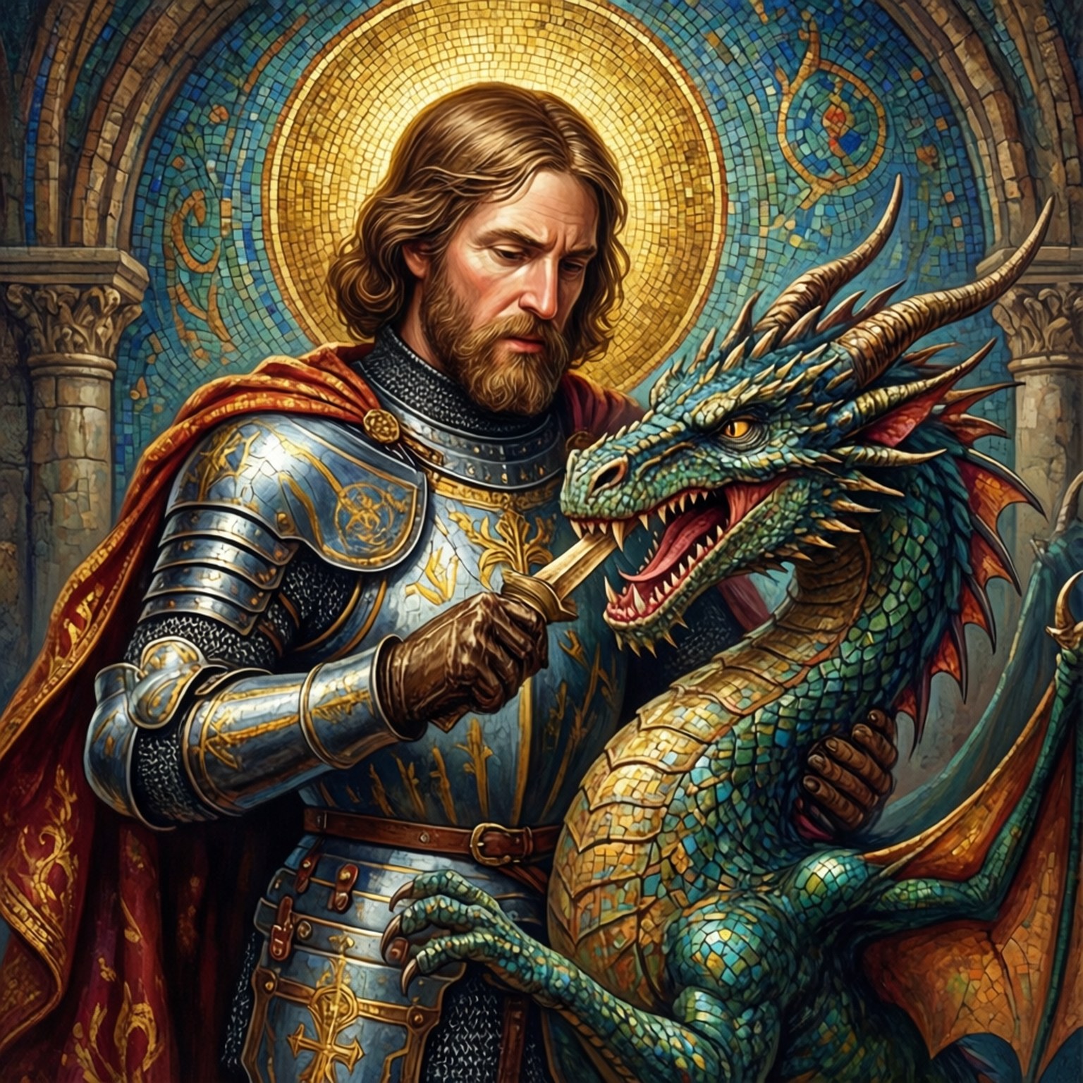 St. George and the Dragon 壁紙 — 一位身穿華麗藍金盔甲的騎士在馬賽克大教堂中輕輕抱著一條綠色鱗片龍，身後有金色光環。