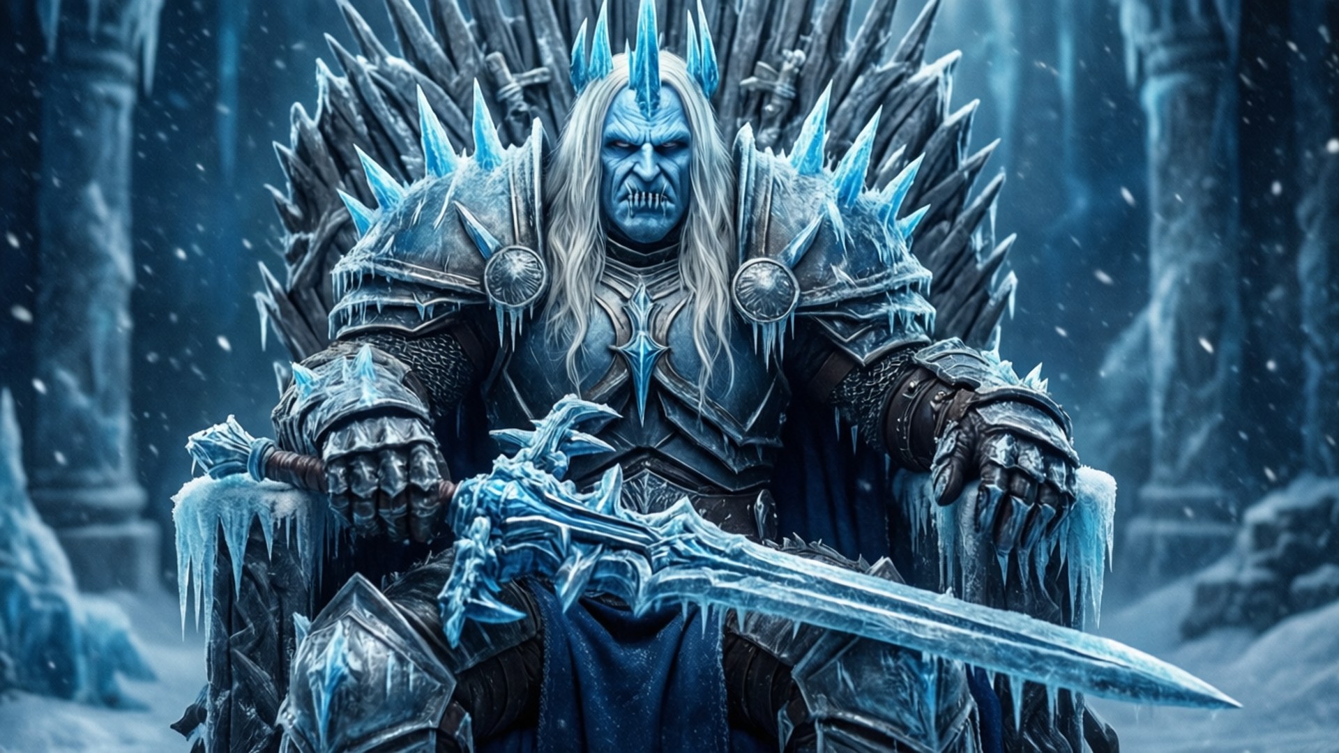 Lich King on Throne 壁紙 — 一位藍皮膚的冰之君主，長長的白髮，坐在帶刺的王座上，在雪地堡壘中手持一把覆蓋霜凍的劍。