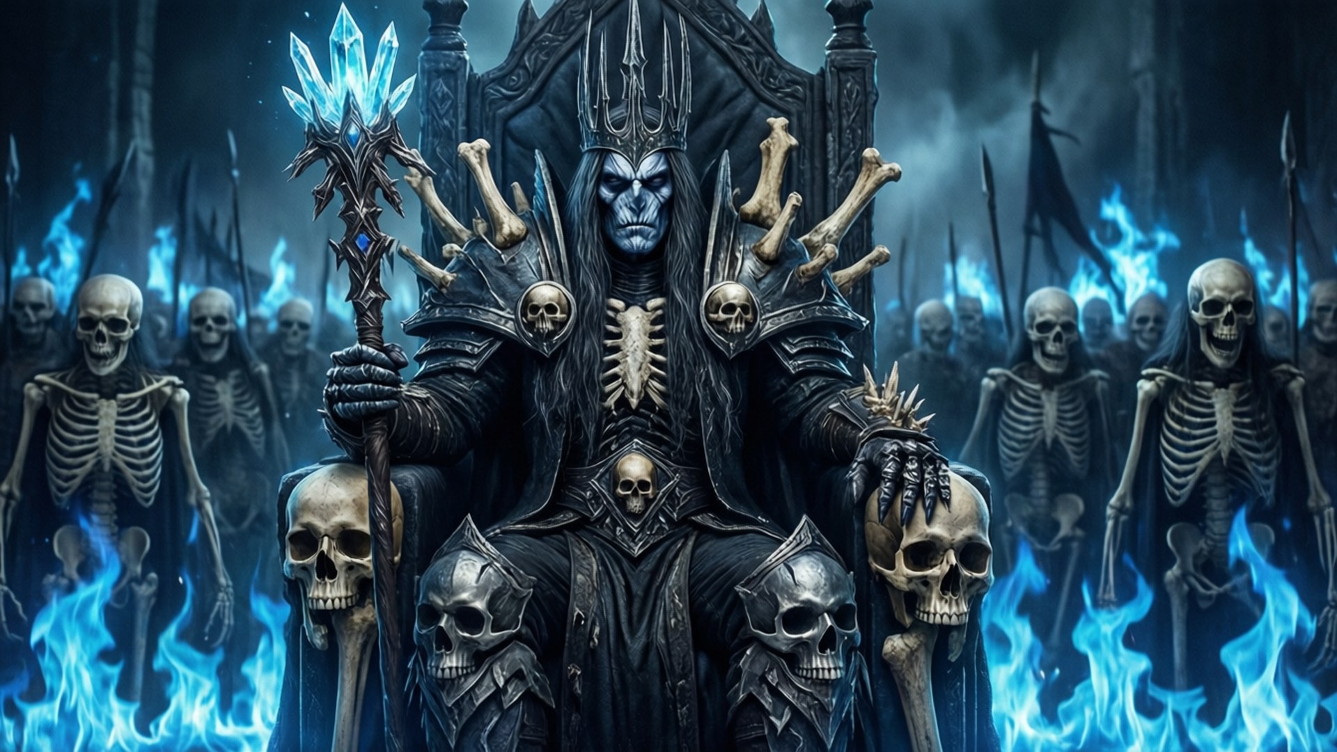 Lich King's Throne 壁紙 — 一個藍皮膚的骷髏國王，戴著骨頭王冠和飾有頭骨的盔甲，坐在被藍色火焰和骷髏戰士簇擁的王座上。