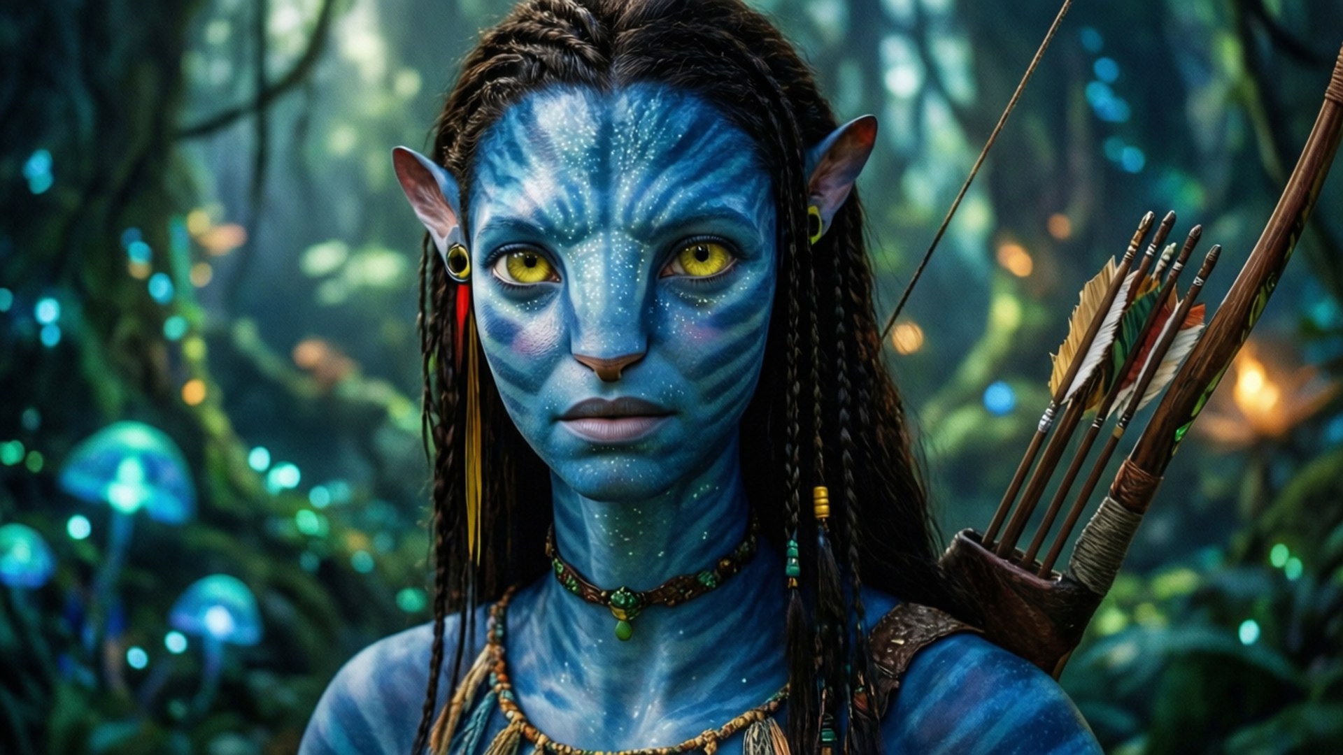 Neytiri of Pandora 壁紙 — 一個藍皮膚的納美人女性，黃色眼睛，辮子頭髮，站在發光的森林中，手持弓箭。
