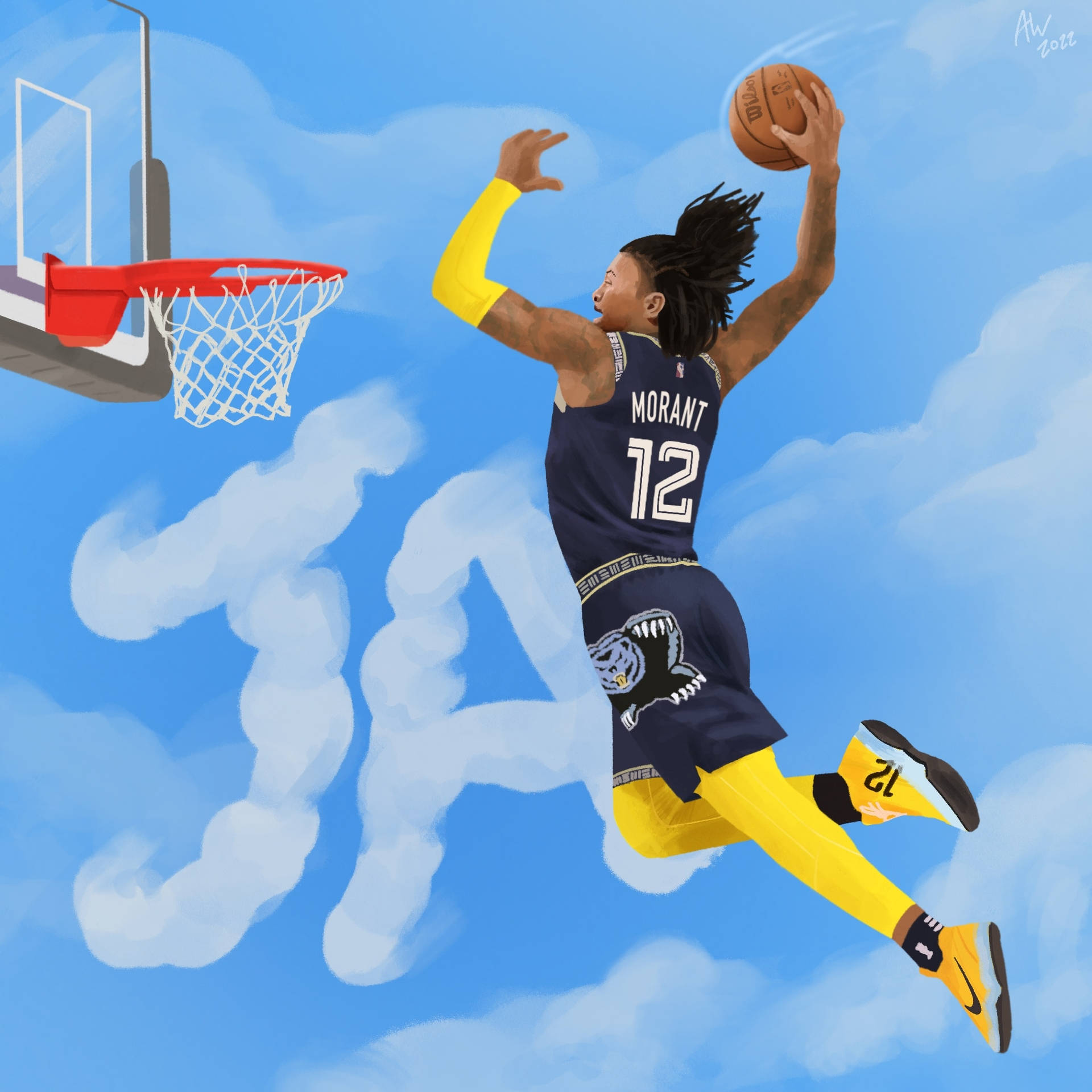 籃球運動員在半空中灌籃，背景是藍天白雲。 — 籃球 壁紙