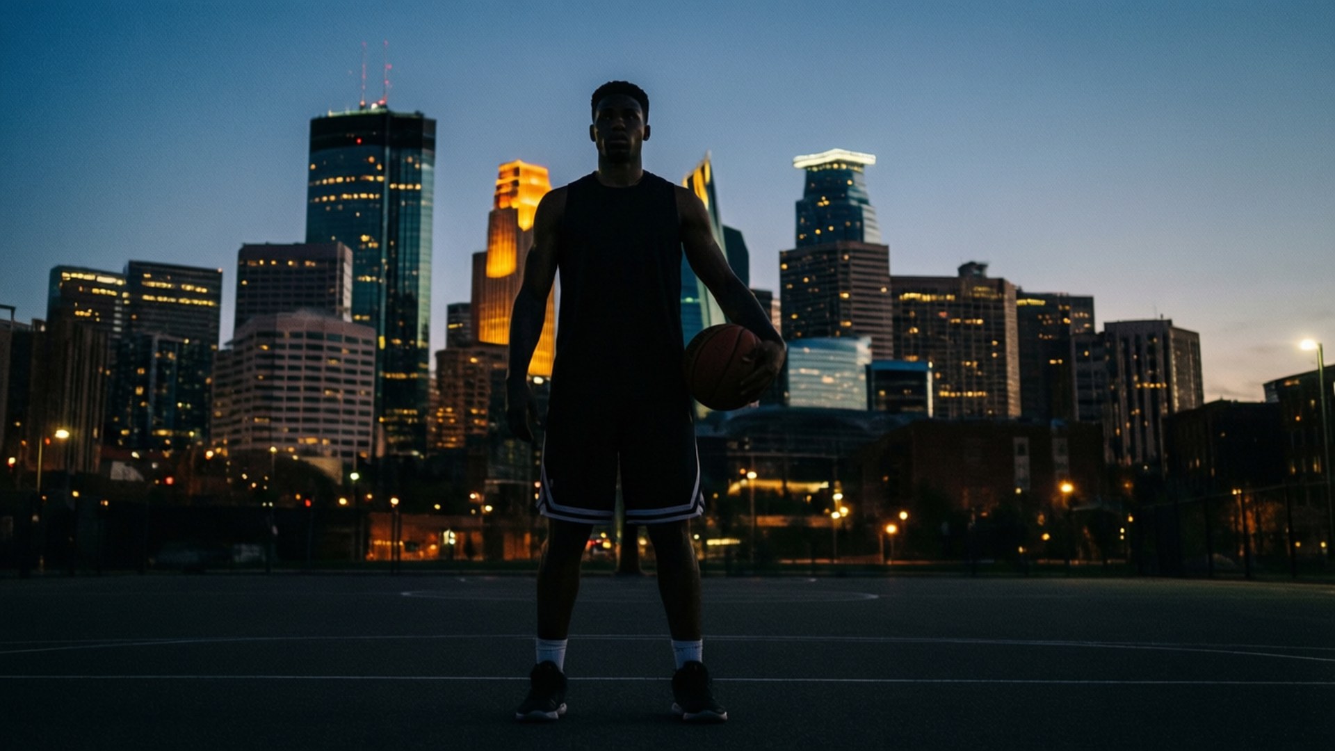 Silhouette with Skyline 壁紙 — 一名籃球運動員在戶外球場上以剪影姿態站立，手持籃球，背後是黃昏時分閃爍的城市天際線。