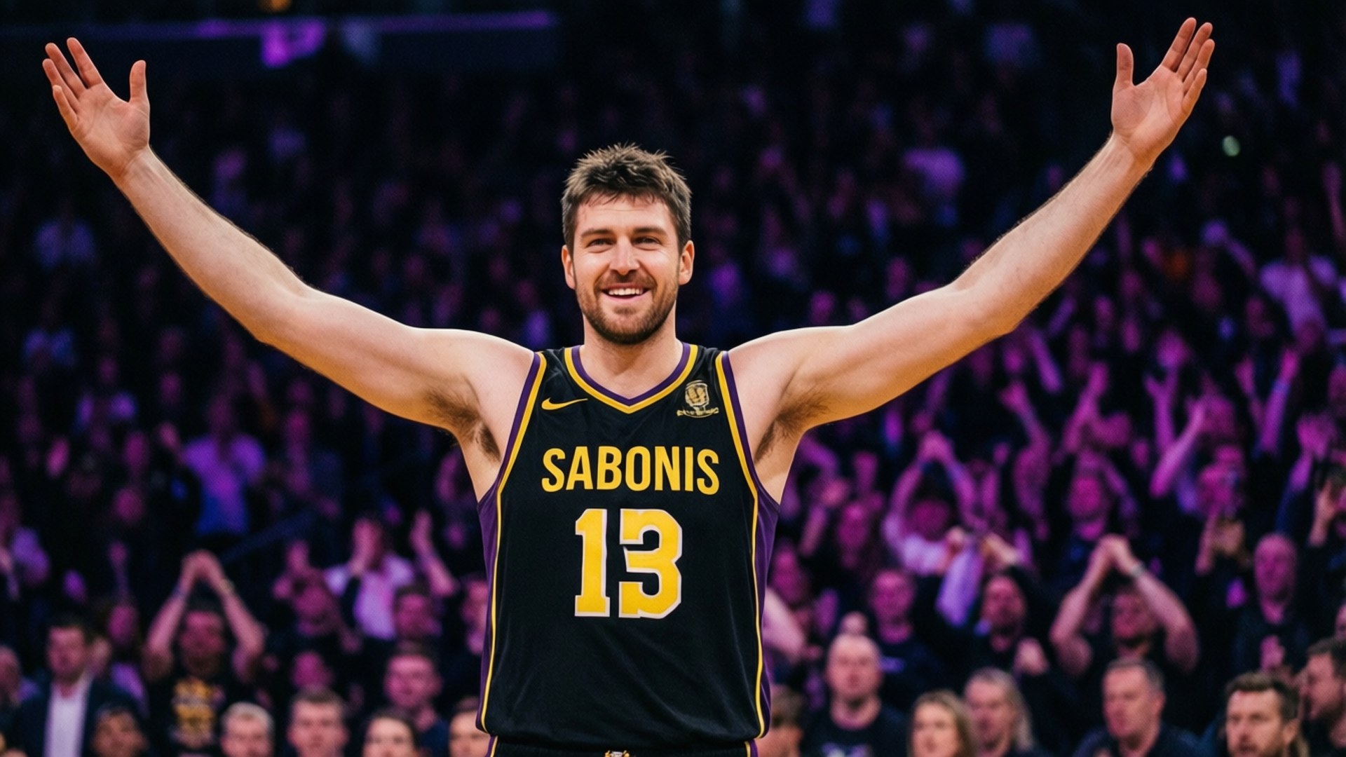 Sabonis Celebration 壁紙 — 一名身穿黑色和金色球衣、印有Sabonis名字和13號的籃球運動員，在紫色場館燈光下，面對歡呼的人群，雙臂高舉，露出勝利的笑容。