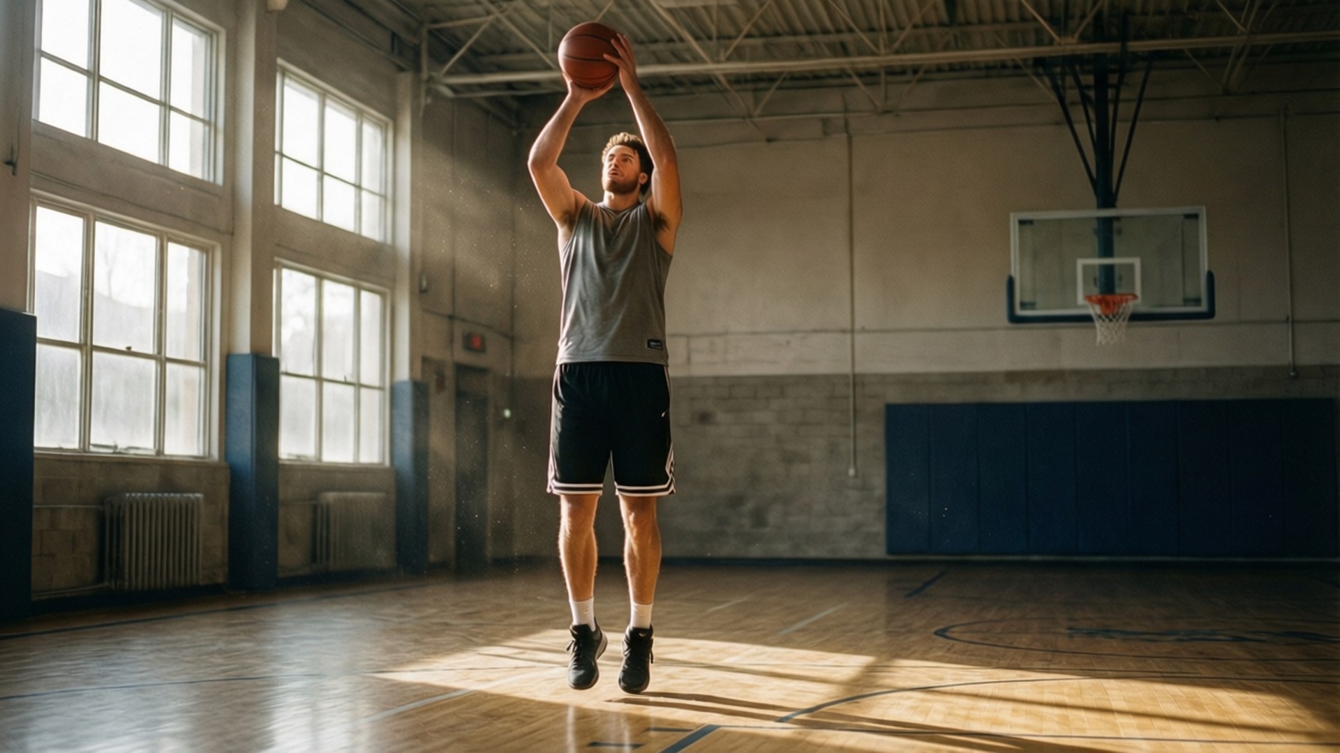 Empty Gym 壁紙 — 一名籃球運動員在空蕩蕩的體育館中跳起，高舉雙臂準備投籃，陽光透過高窗灑落。