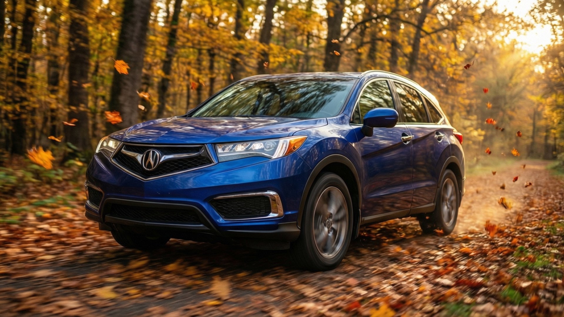 RDX Autumn Drive 壁紙 — 一輛充滿活力的藍色Acura SUV在陽光明媚的秋日森林中行駛，落葉在周圍旋轉。