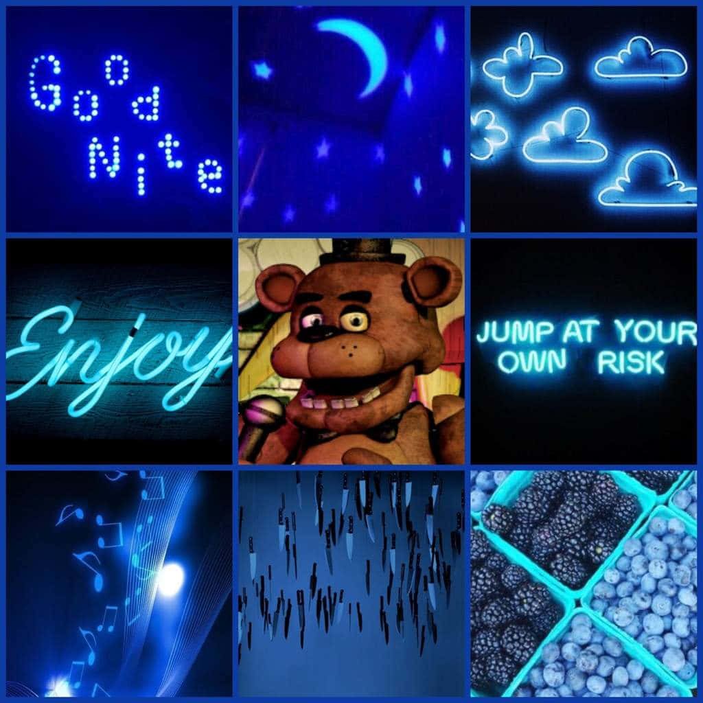  壁紙 — 藍色調的霓虹燈標誌和圖像拼貼，包括 Freddy Fazbear 機械人偶、漿果和音符。
