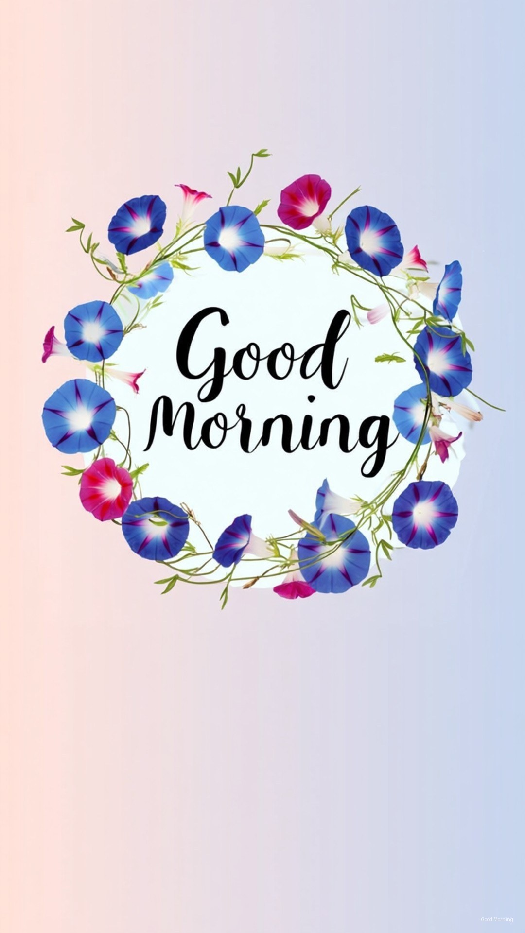 Good Morning Wreath 壁紙 — 一個由藍色和粉紅色牽牛花組成的圓形花環，在柔和的漸變背景上框住「早安」字樣。