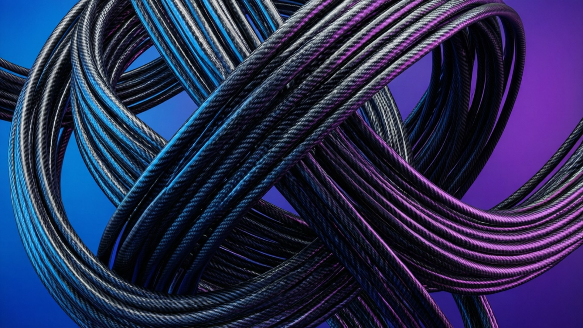 Geometric Carbon Fiber Abstract 壁紙 — 藍色和紫色發光的纏結電纜，背景為帶有金屬光澤的漸變色。