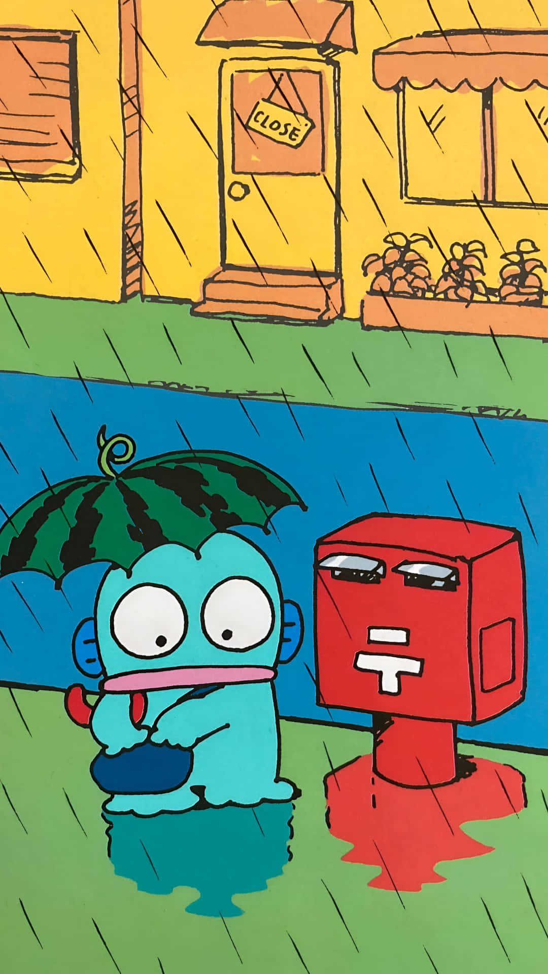 壁紙 — 一個藍色卡通角色拿著西瓜雨傘站在雨中，旁邊是一個紅色方形角色在黃色建築物下皺著眉頭。