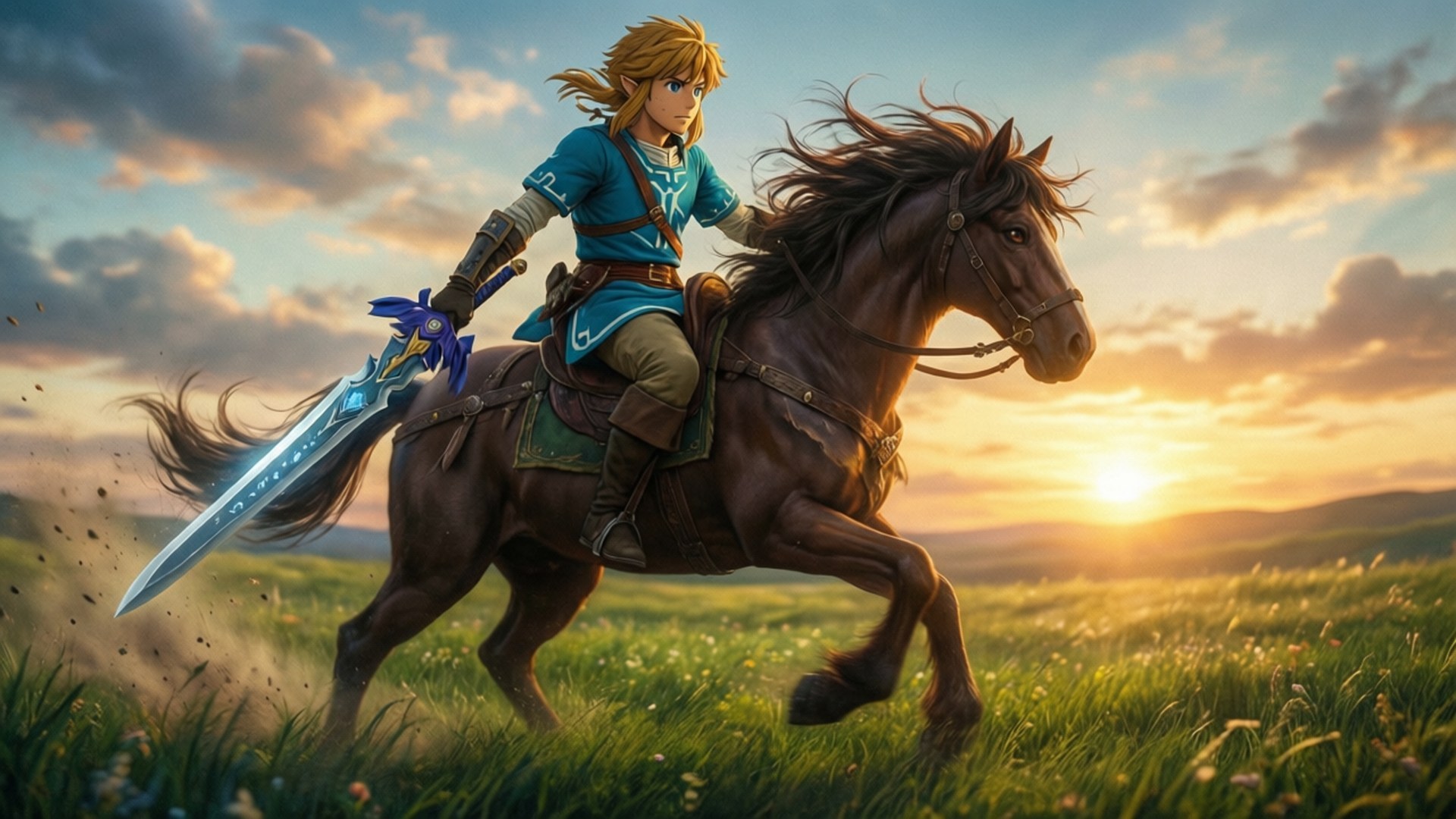 Ride Through Hyrule 壁紙 — 一名身穿藍色盔甲的騎士騎著一匹奔騰的棕色馬，在日落時分穿過陽光照耀的草地，手持發光的劍。